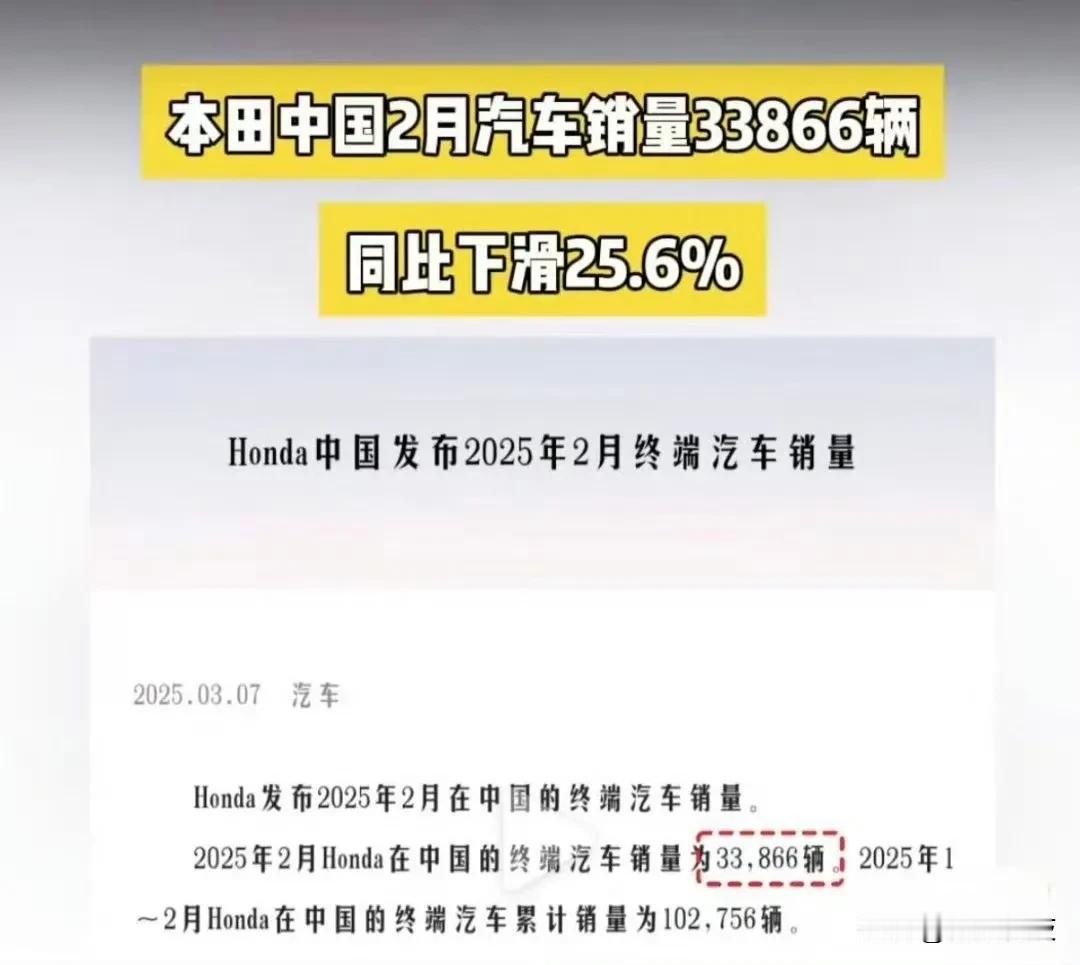 【2 月份本田中国销量 33866 辆，同比下滑 25.6%】

据本田中国 3