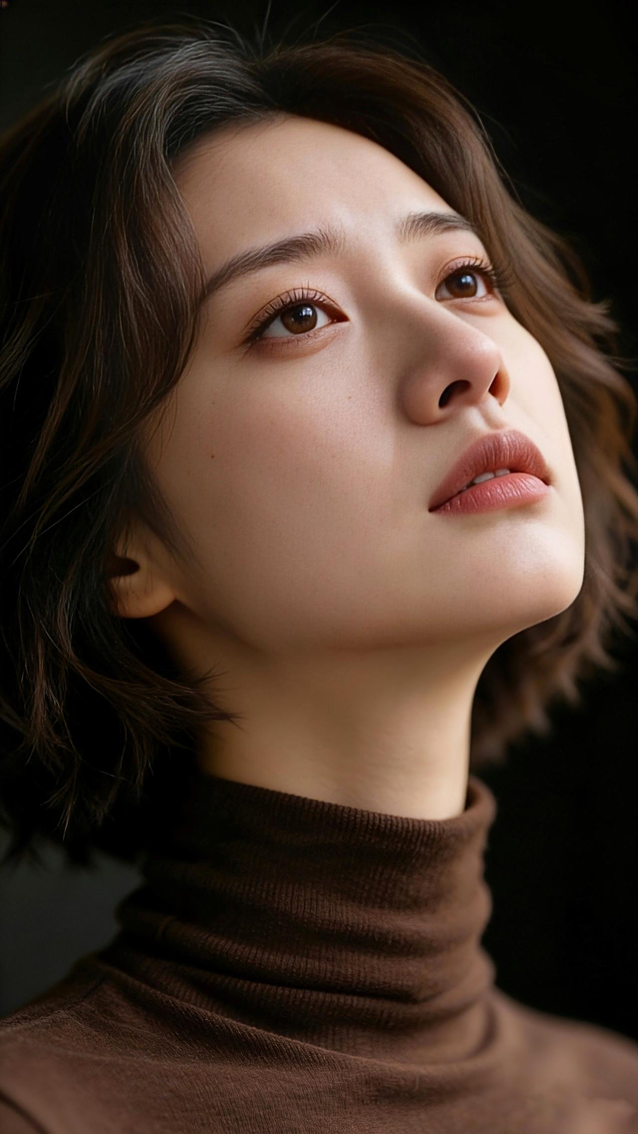 九帧同绘棕衣忧思女。棕发微卷散落，高领毛衣裹身。眸似秋潭空荡，眉峰凝愁低垂，唇轻