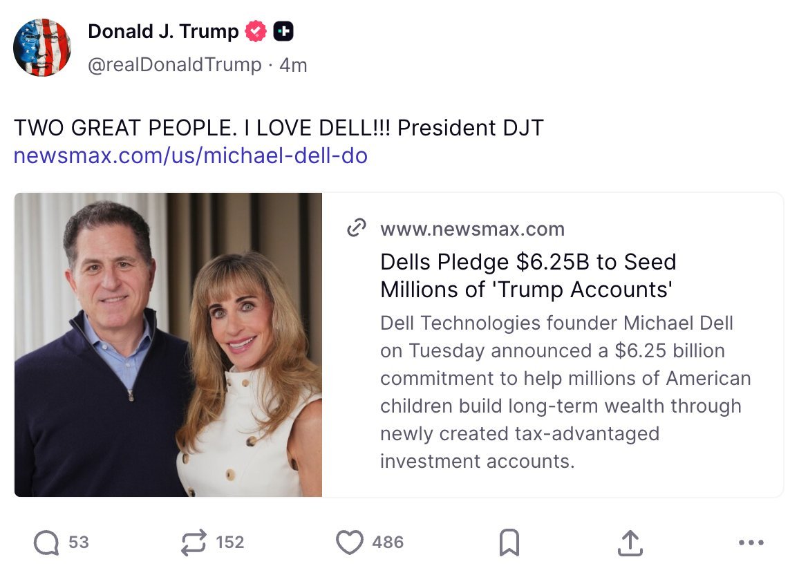 戴尔夫妇捐赠62.5亿美元，为针对儿童的“特朗普账户”提供资金。特朗普随后发帖称