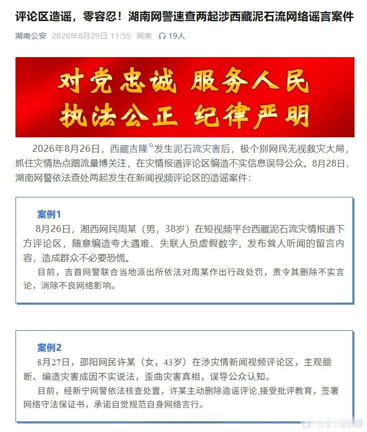 湖南网警公布，在星期五查处两起发生在新闻视频评论区的造谣案件。在其中一起案件中，