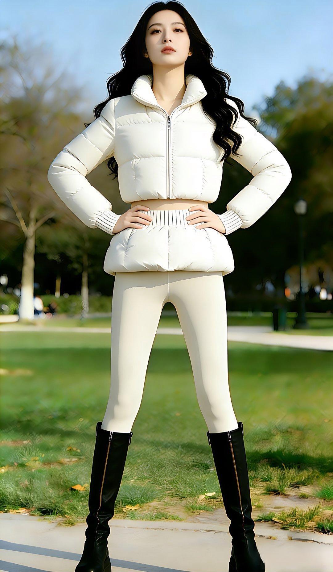 冬日穿搭指南：白色羽绒服+紧身裤，温暖又时尚！🌨️👗👠