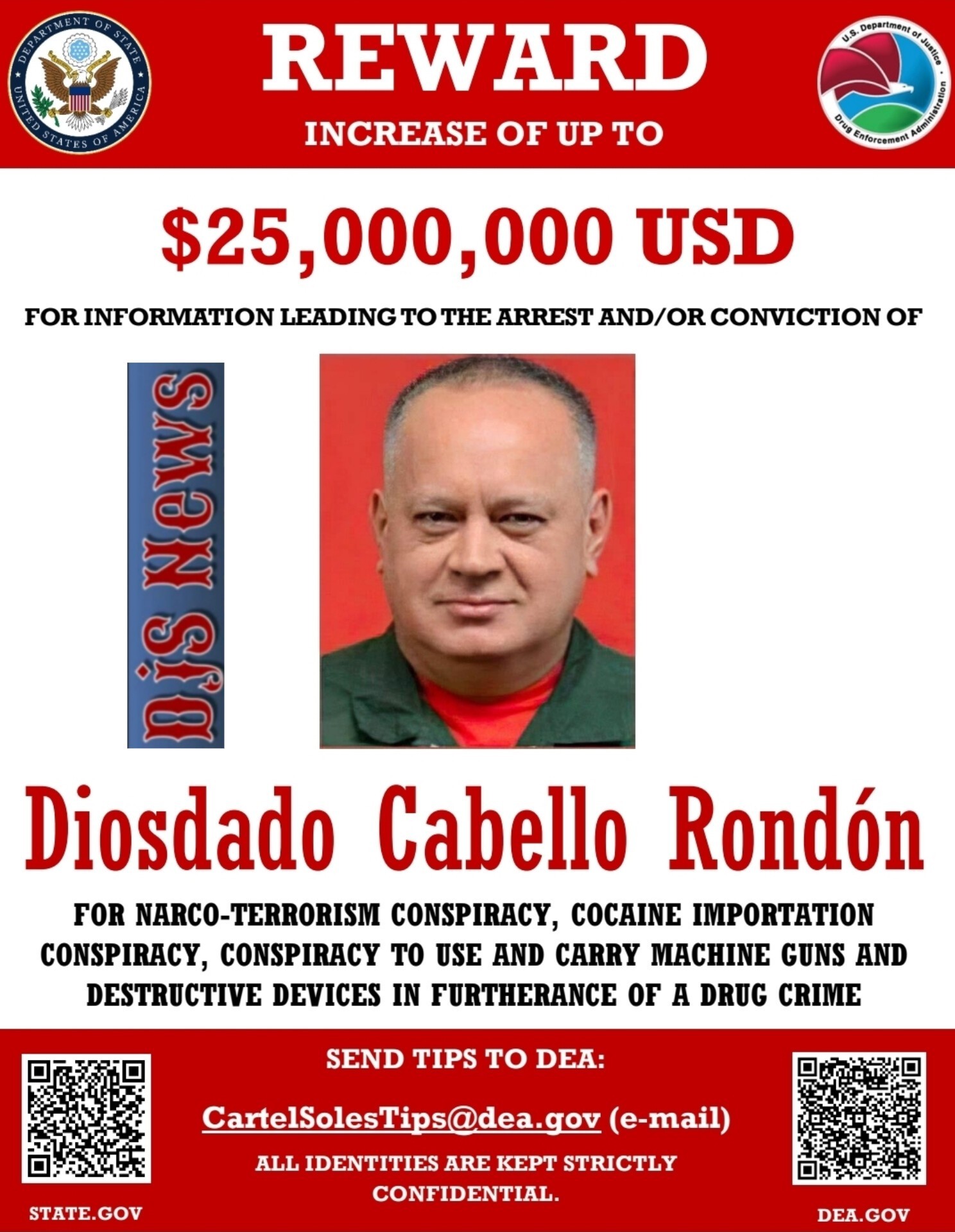 尽管马杜罗被美军俘虏，但他的政府其他重要成员，同样被美国通缉的——如内政部长迪奥