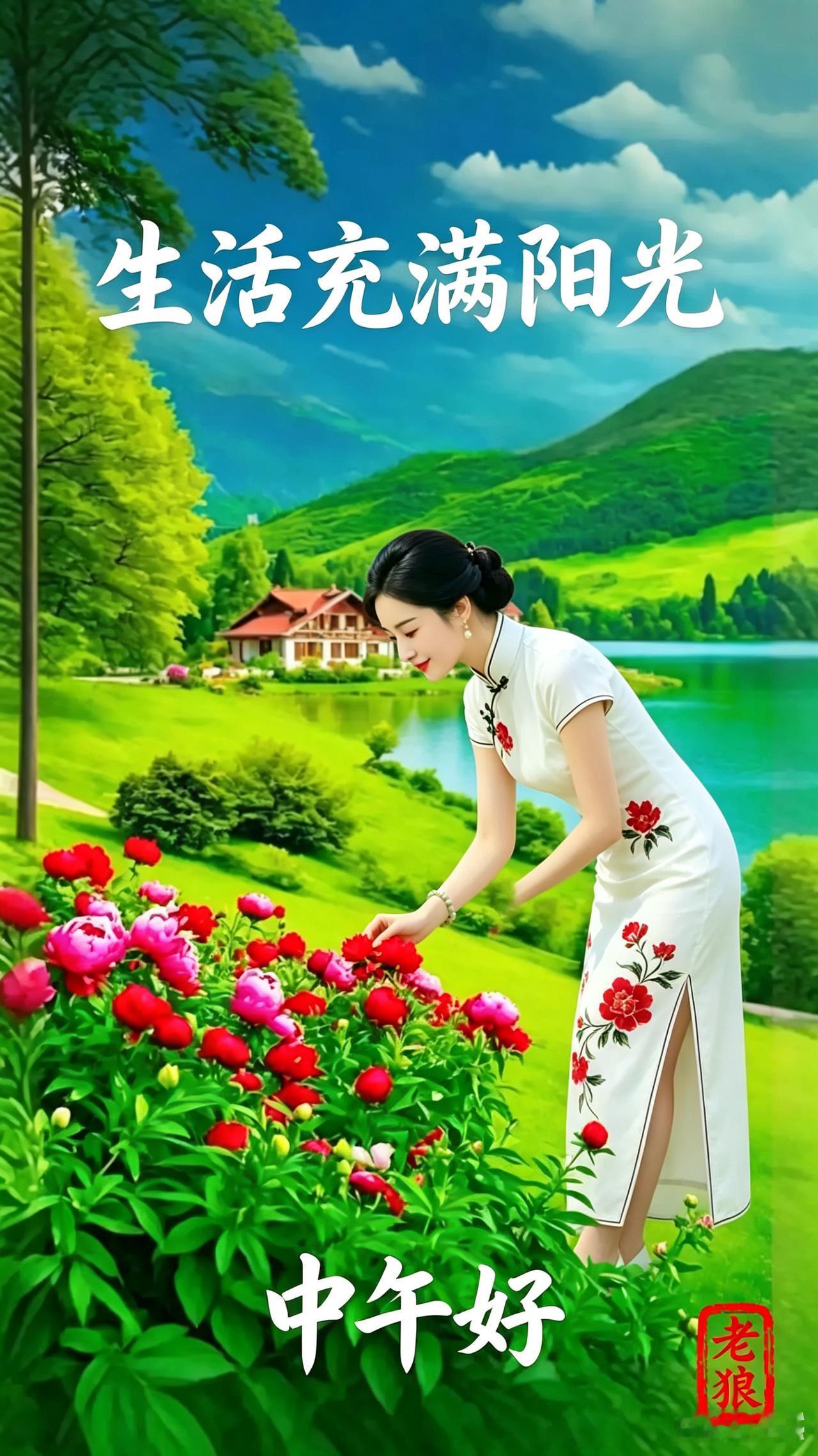 青山环绕绿水淌，小院静静傍河旁。
满院牡丹绽芬芳，姑娘俯身采花香。
天上白云缓飘