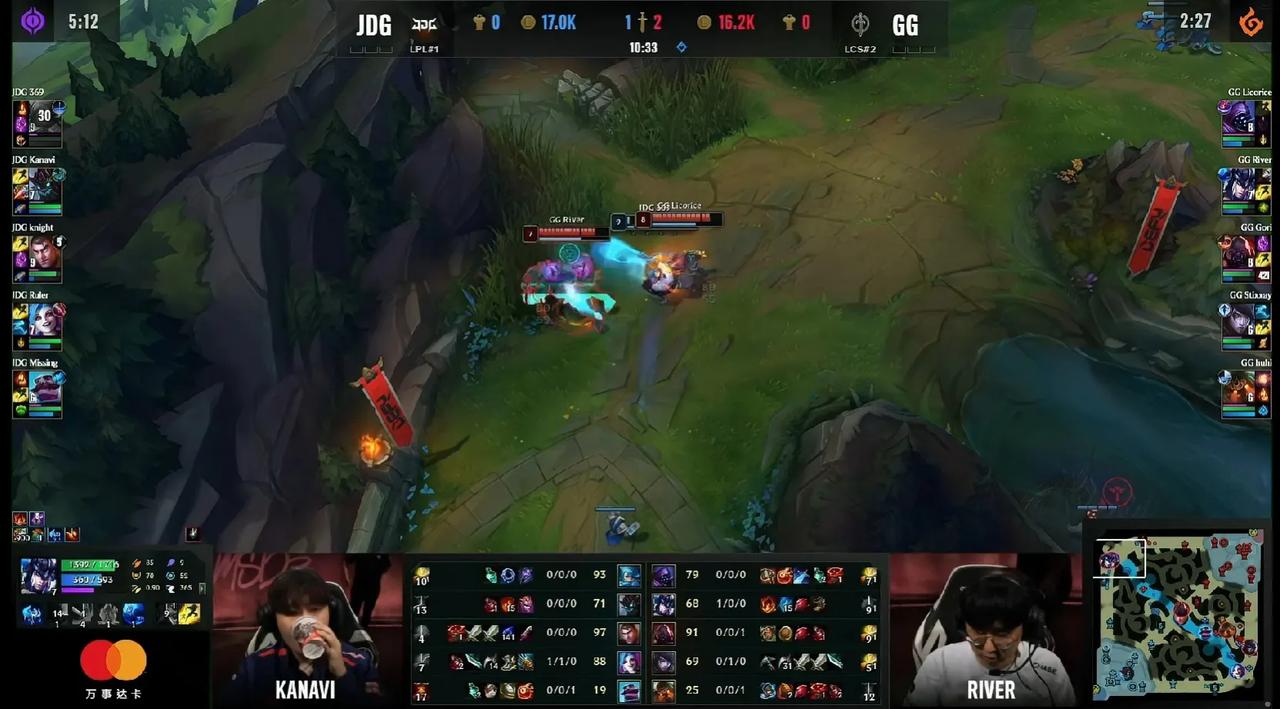 JDG对战GG，先下一城，有一说一，GG前期打得还行，可一到中后期就乱了，欧美战