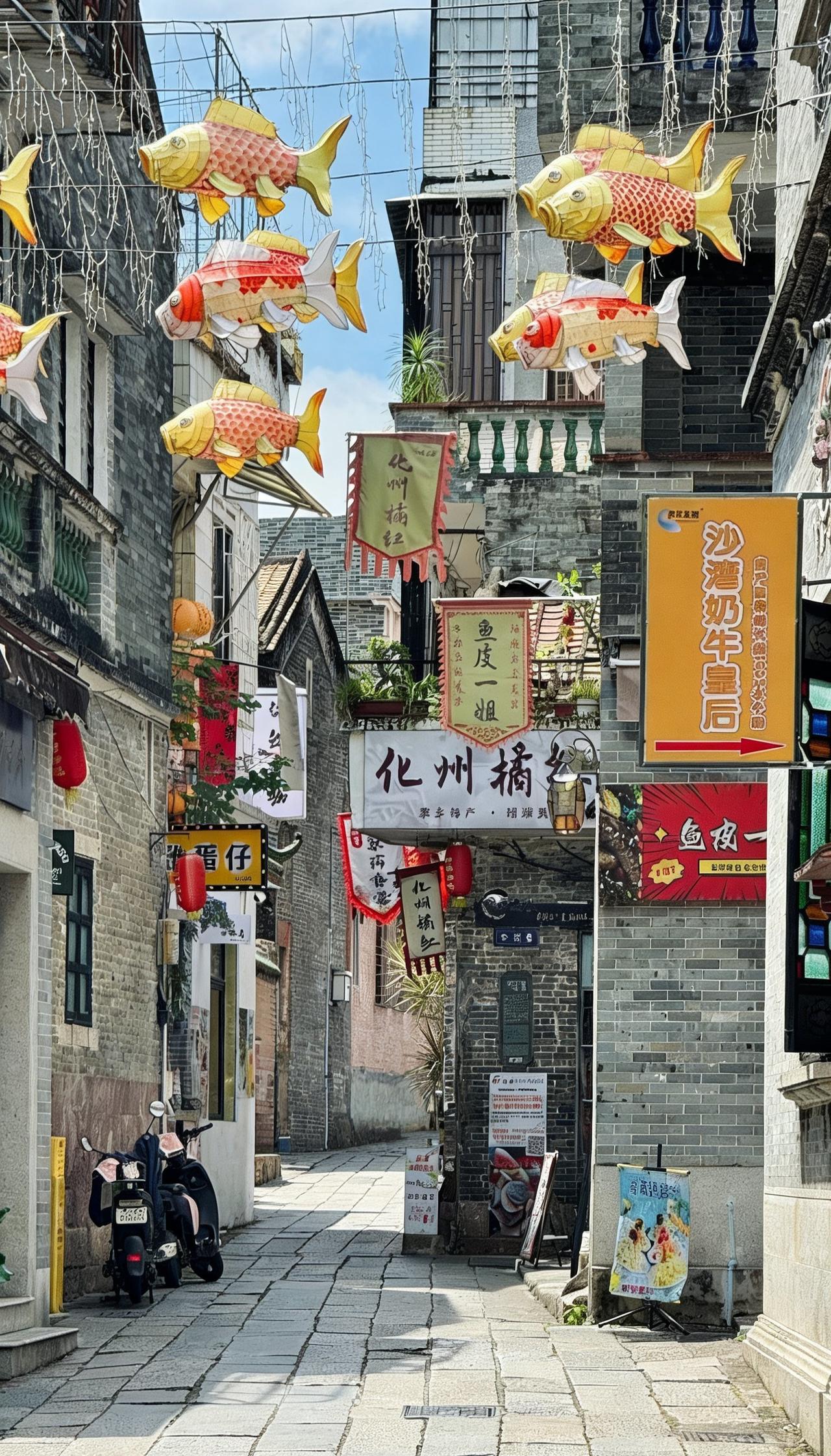 沙湾古镇｜西门巷口鱼灯氛围感出片📸
📍广州 沙湾古镇-西门巷口
 📍位置：