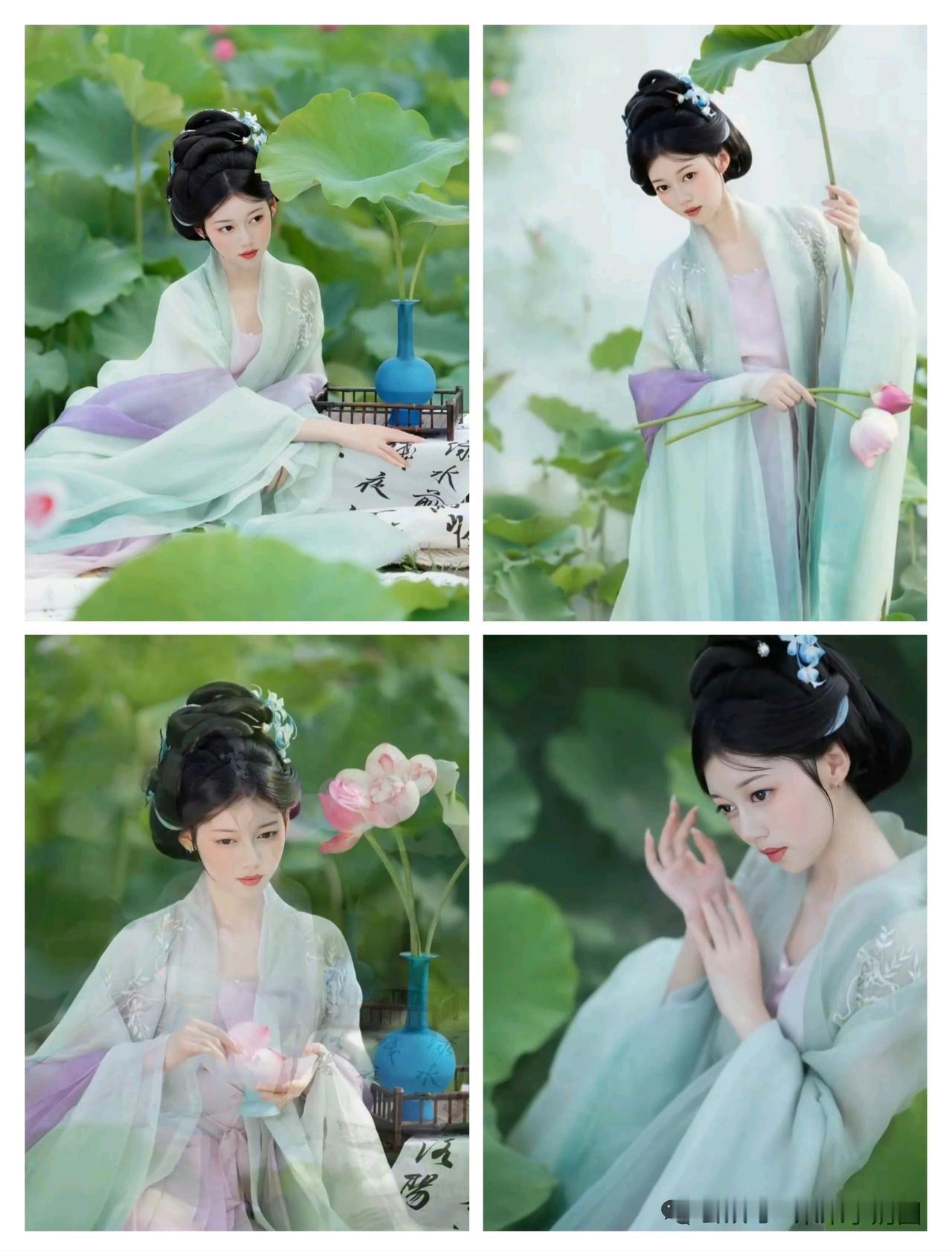 碧水生荷韵，美人倚翠微。