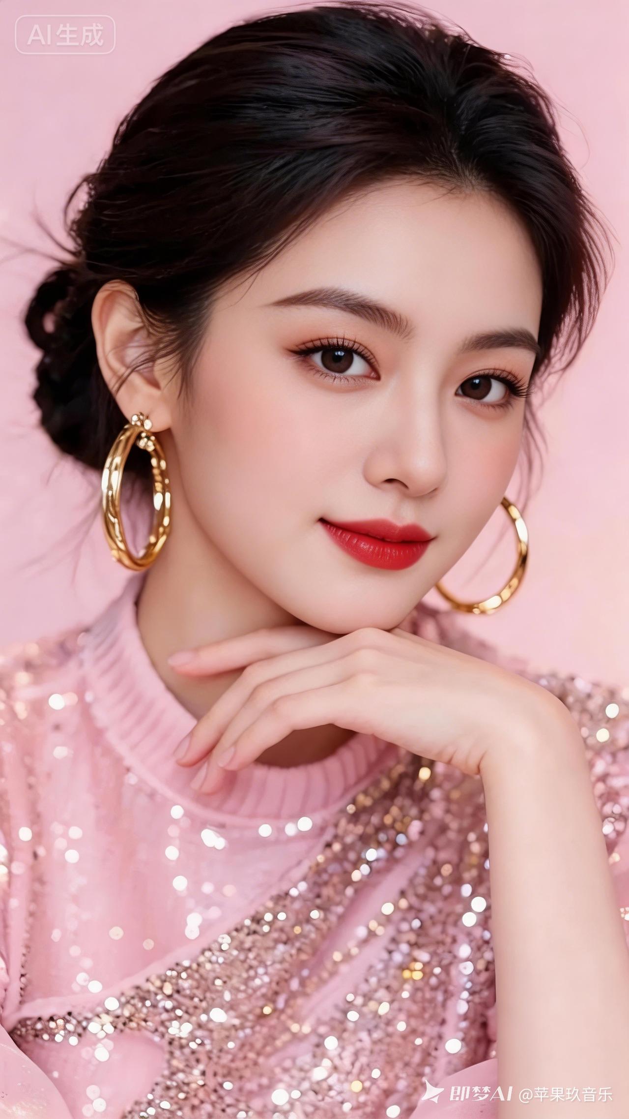 甜美少女风，粉色毛衣搭配大圆环耳环，温柔可人！💖✨