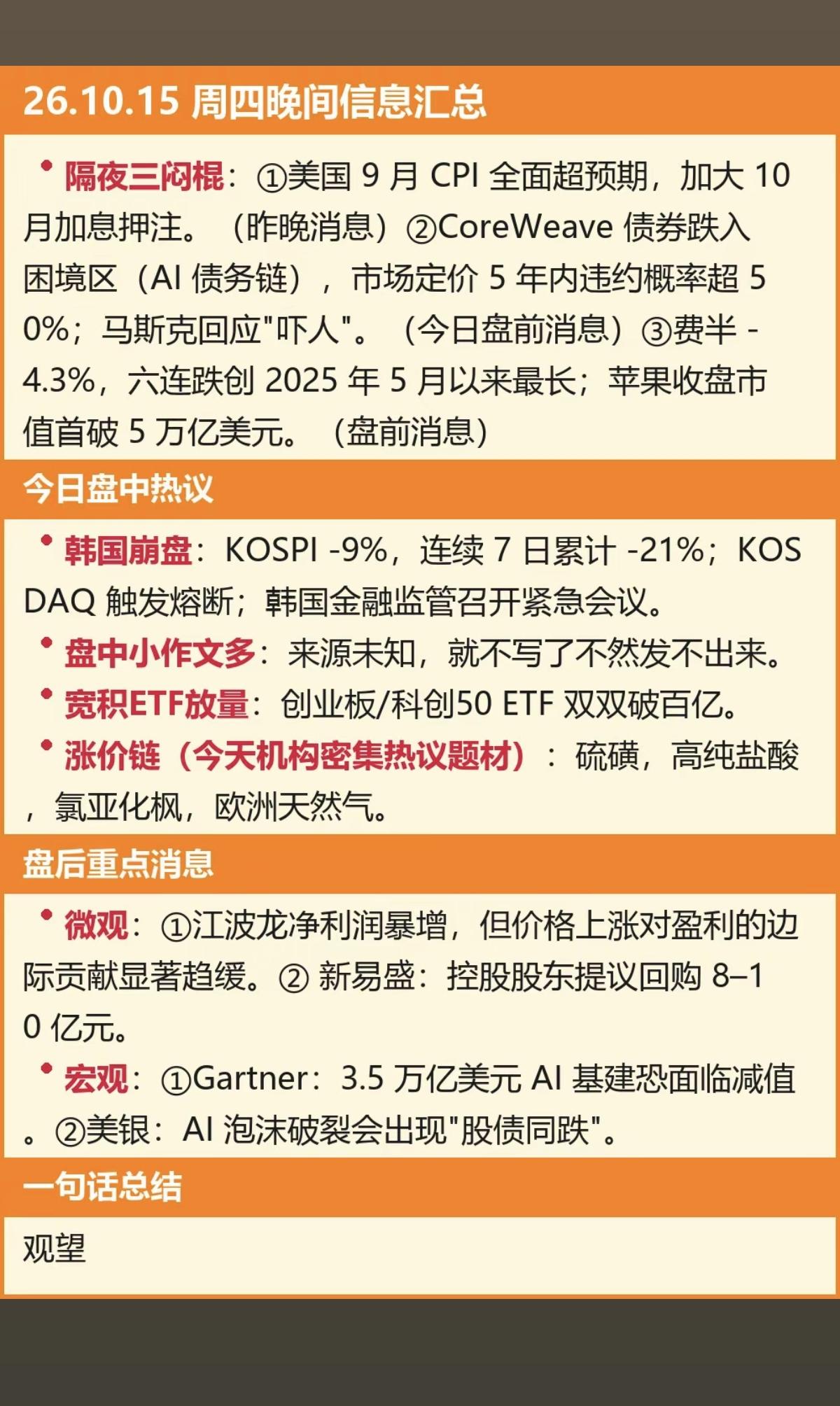 10.15周四  晚间：财经热点信息整理！

1.美韩股大跌，科技股重挫
2.盘