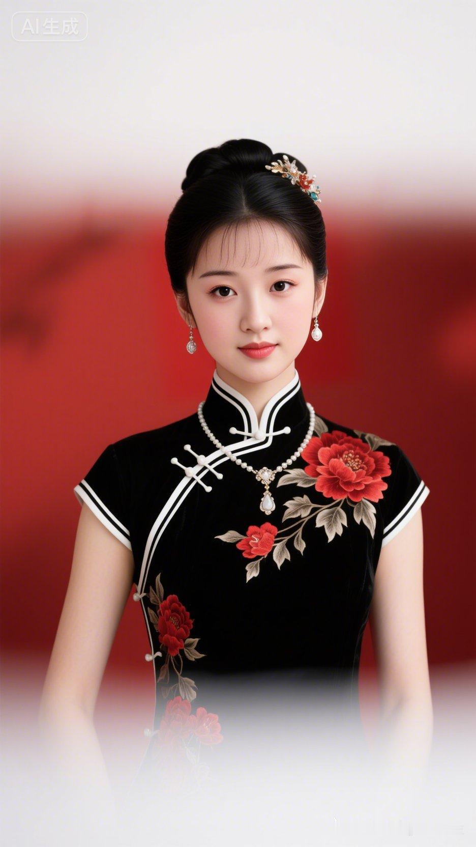 高挑丰满的中国美女着黑底白边红绣短袖旗袍，精致盘发配高档饰件，浅笑间白皙肌肤光泽