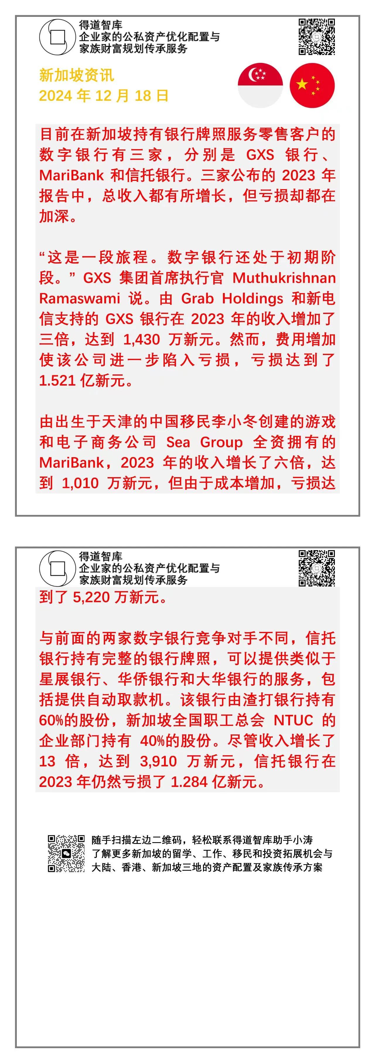 新加坡本地三所数字银行开业近三年，亏损一年比一年厉害。2023年新出炉的数据，两