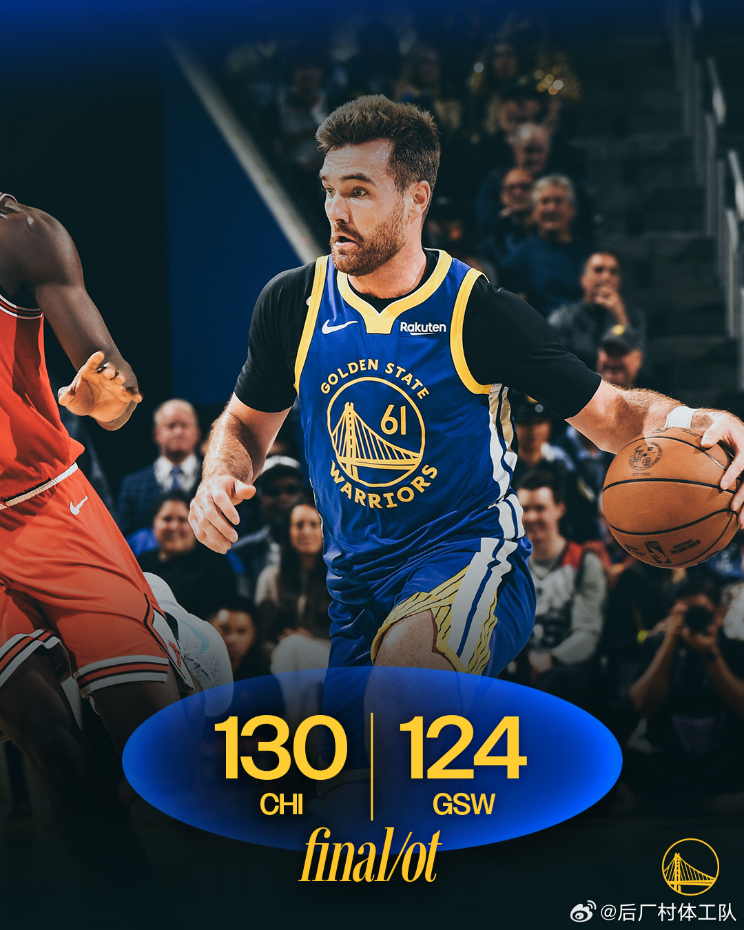 公牛加时战胜勇士 勇士主场加时惜败公牛，遭遇三连败，最近6战5败，胜率再次跌到5