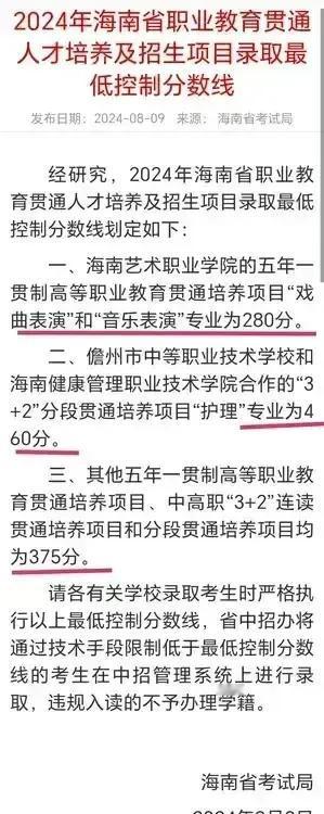海南中招第三批“五年贯通”大专：347个院校专业的最低控制线为375分、上线率约