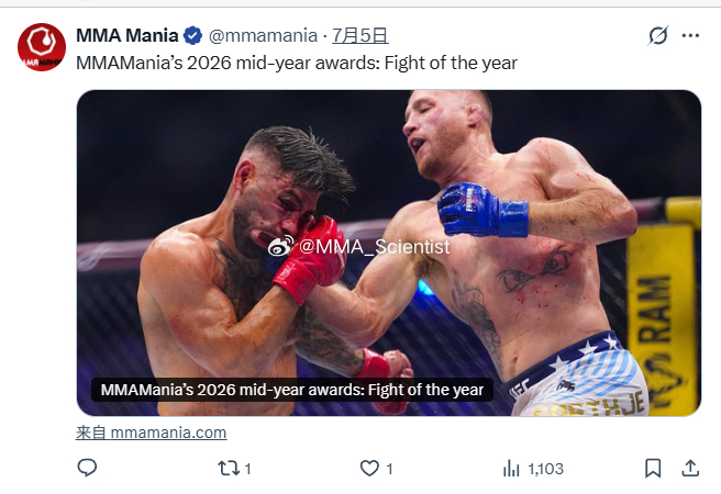 MMA Mania评选，2026年“年中最佳比赛”：“斗牛士”伊利亚·托普里亚（