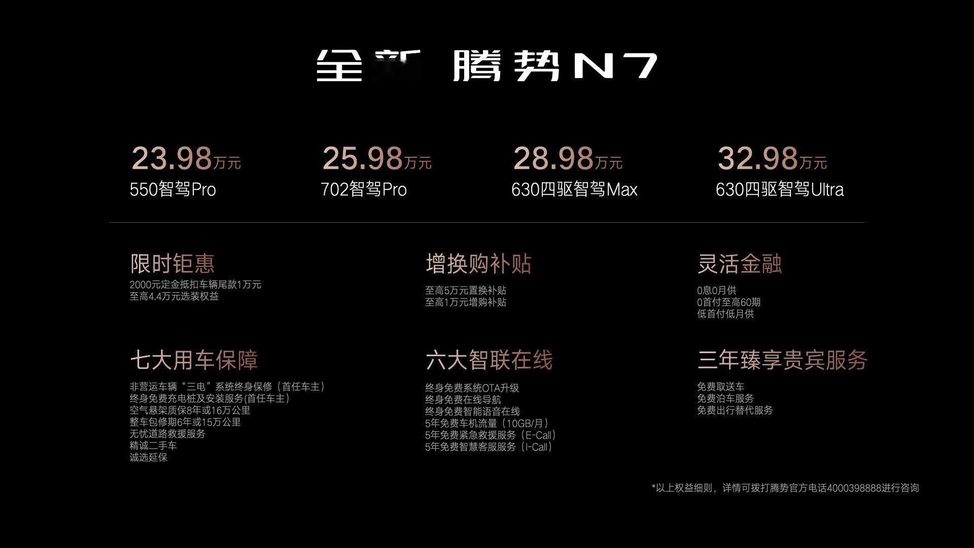 全新腾势N7定价从原来的全系30万以上变成了现在的23.98万起步，加上权益23