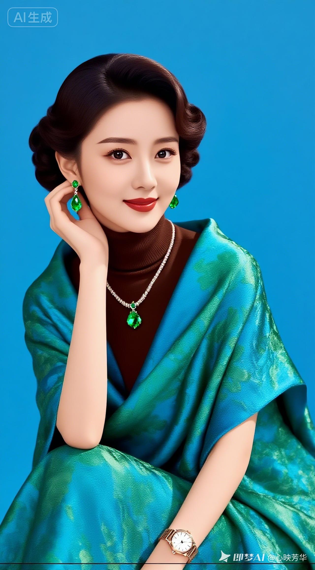 高清年轻美女，大眼睛黑瞳双眼皮，高鼻梁樱桃小嘴。身着深咖高领毛衣，搭海蓝绿花纹披