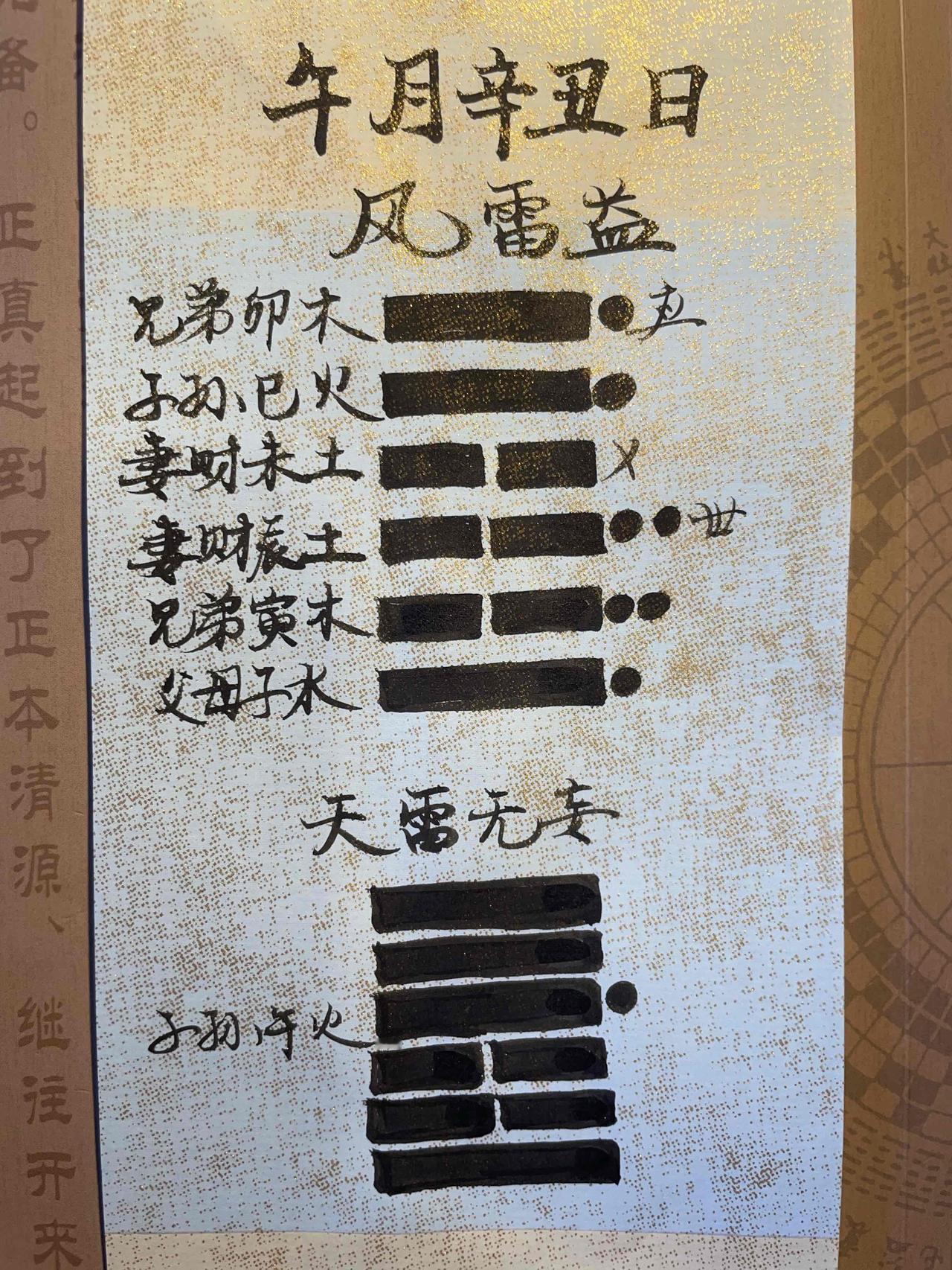 午月辛丑日
得到风雷益卦，变为天雷无妄卦。

他因为母亲生病来问流年如何？
如果