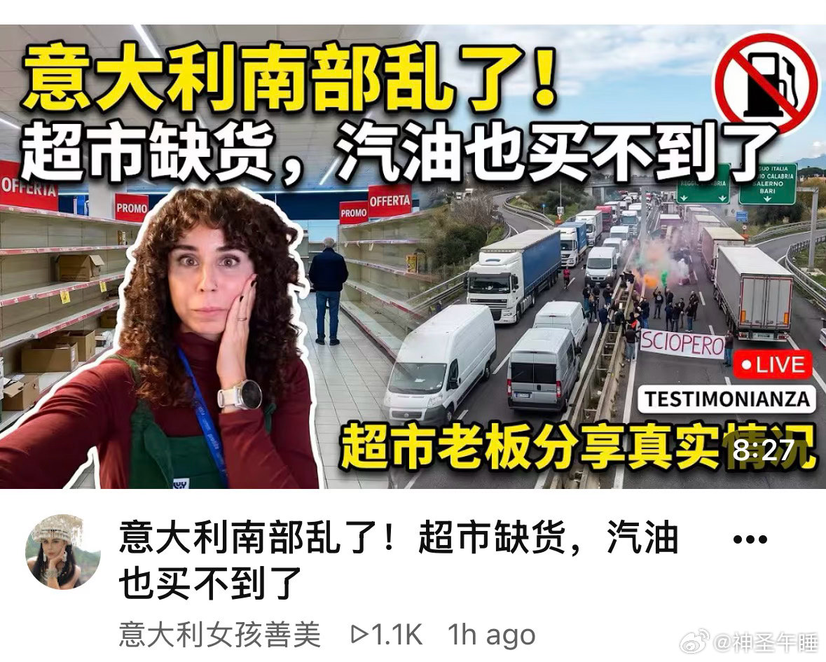 我常看的一个中文很好的意大利女博主，在意大利南部经营超市。她说最近因为战争，搞到