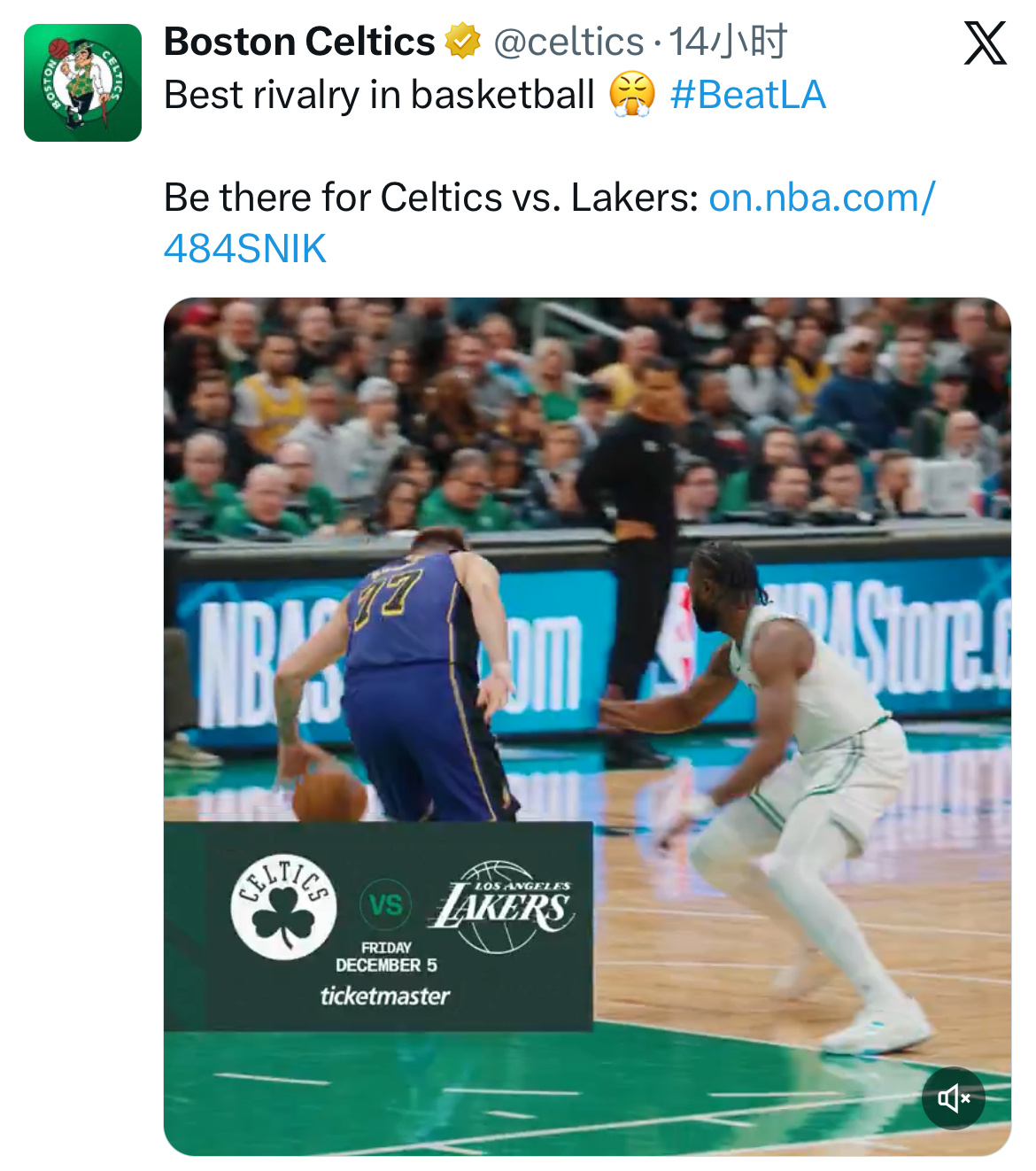 凯尔特人官推早在今天他们对阵奇才之前，就已经在为明天的黄绿大战预热！湖人和凯尔特