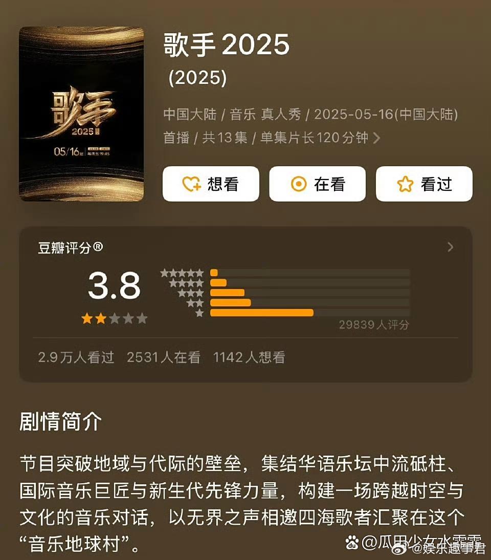 歌手2025评分3.8分歌手2025》豆瓣开分3.8，这个分数你觉得意外吗？ ​