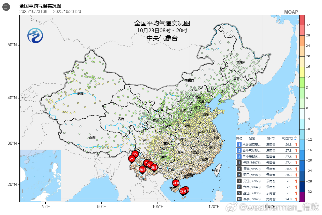 【气温波动回升】今天国家级气象站，没有超过30℃，为下半年首次。海南三沙永暑站，