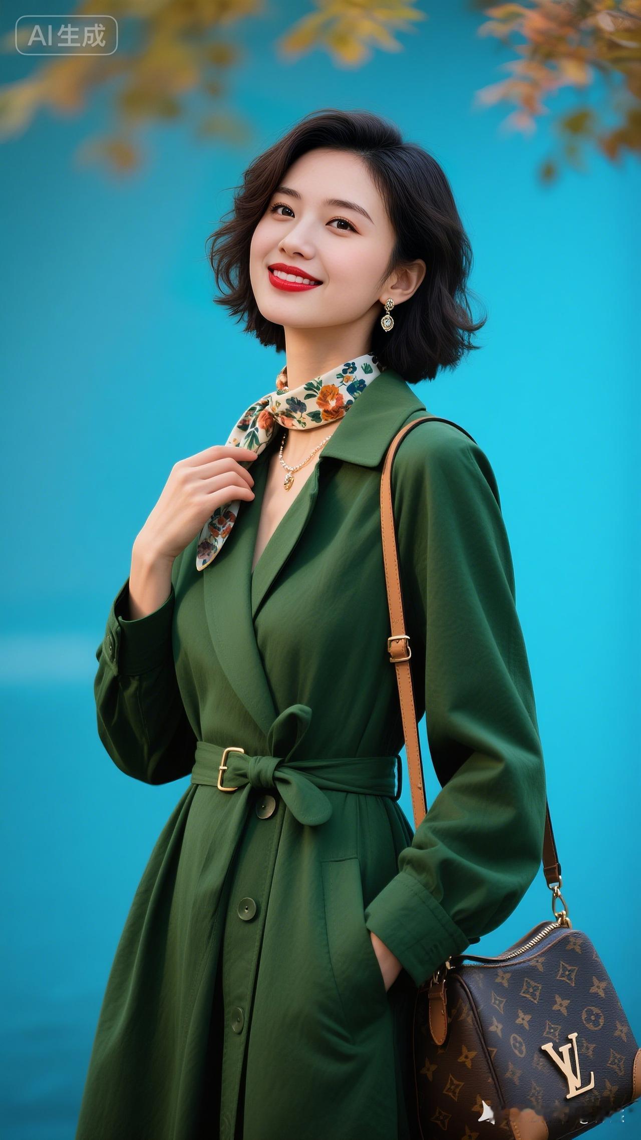 年轻美女身着时尚碧绿色羊绒大衣，系腰带，搭碎花围巾，短发微卷，妆容精致。佩戴耳环