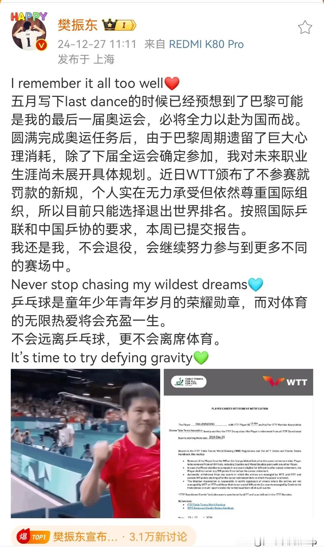 樊振东发布微博宣布退出世界排名的决定
表示自己不会退役
WTT世界排名给运动员一