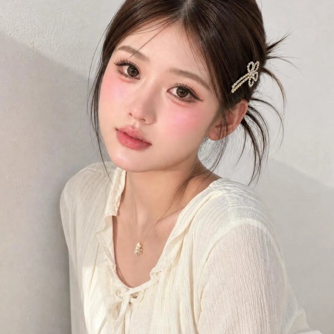 韩系幼态丸子头甜妹妆，软乎乎的粉嫩少女感妆造，清透柔光底妆，肌肤通透有光泽，粉棕