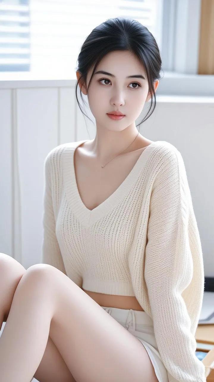 温柔甜美的少女，穿着米色毛衣，坐在窗边，散发着清新自然的气息。街拍 高清美女