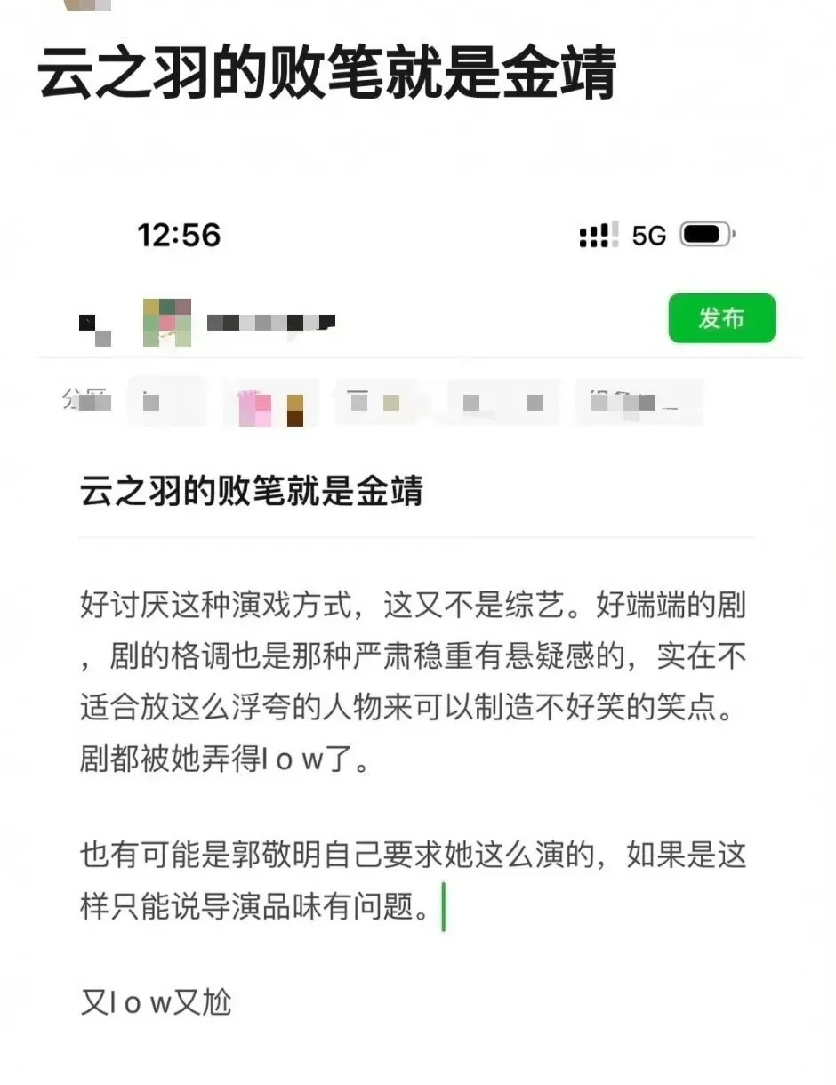 有网友吐槽：《云之羽》的败笔就是金靖。（但我不觉得的）好好的剧，突然出现一个综艺