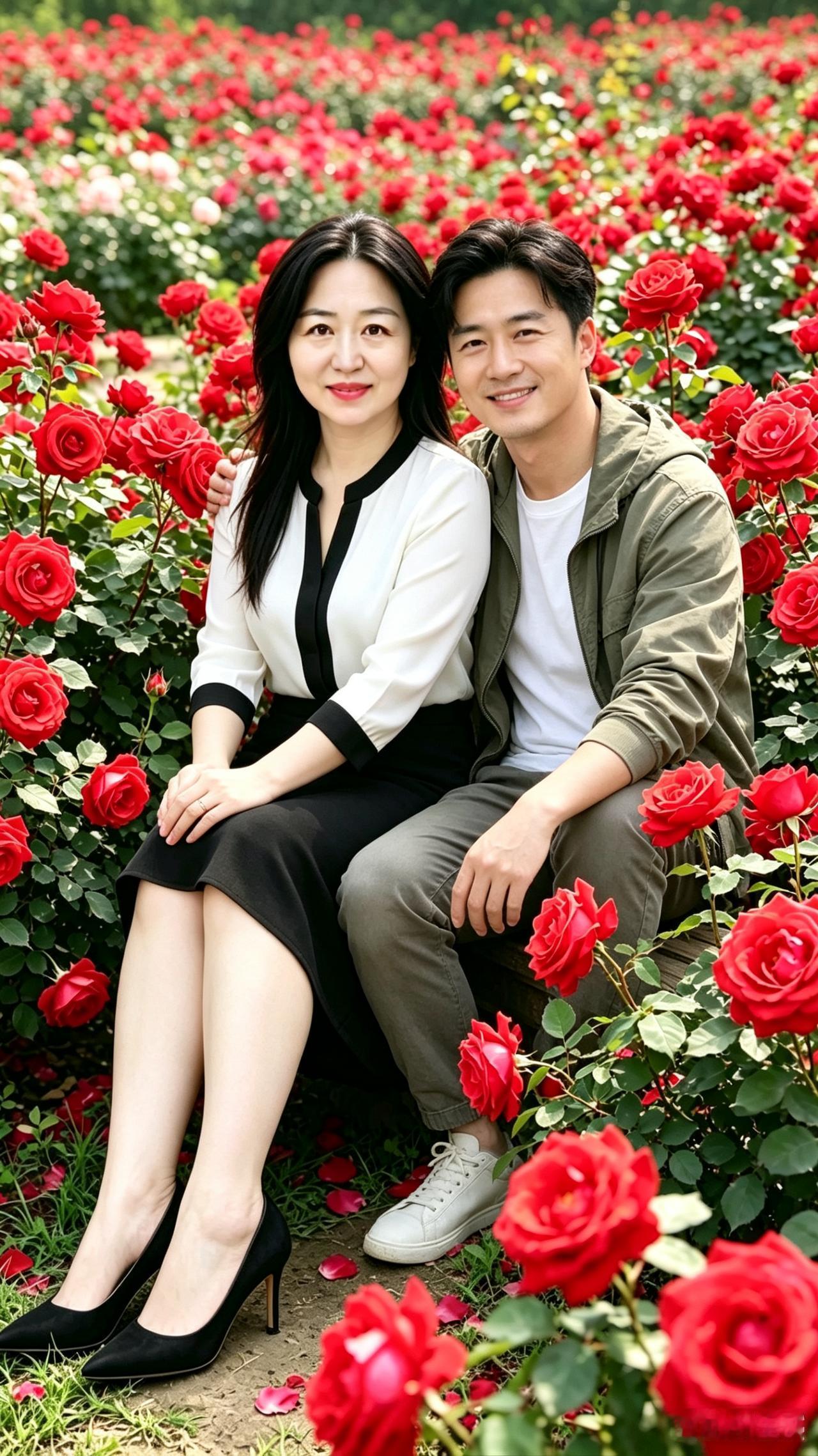 红花丛中的甜
红花叠浪映身前
夫妇相依坐暖烟
笑揽春光收眼底
轻托爱意寄花巅
风