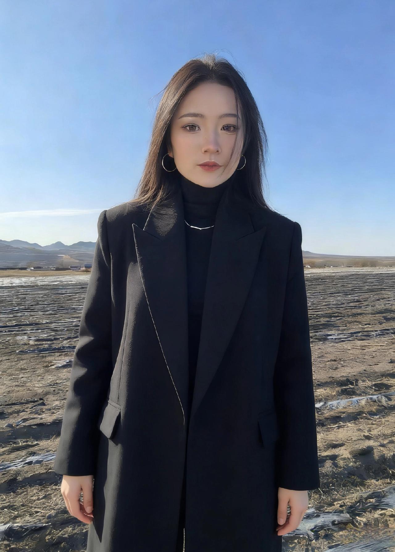 她把黑色风衣穿成流动的夜
在旷野的蓝天下
影子比土地更沉默
风穿过衣料的褶皱
像