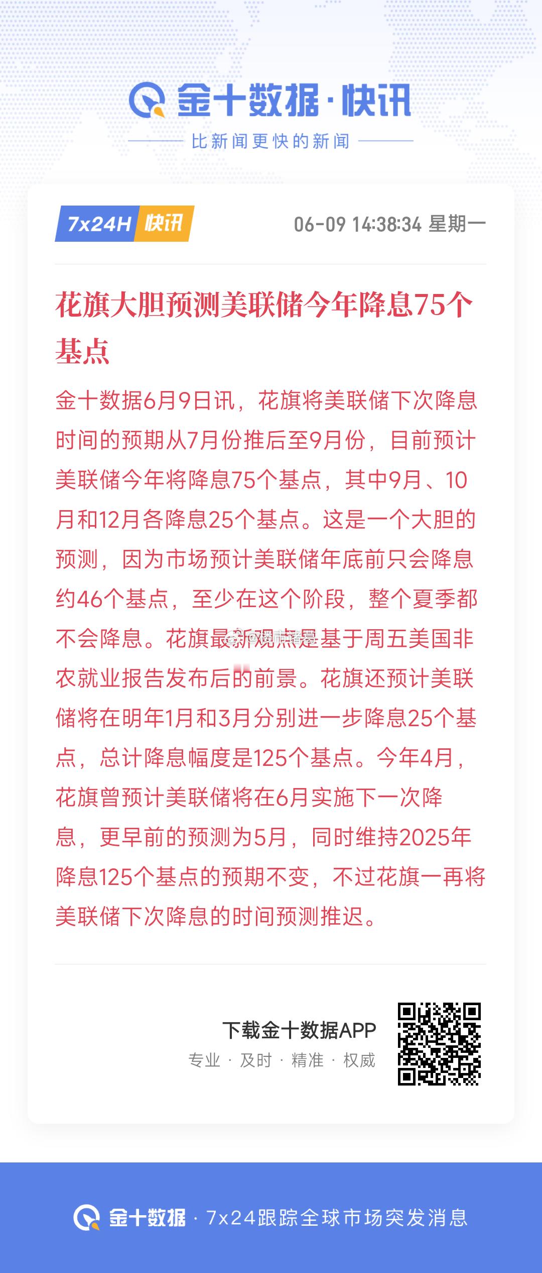 花旗预测美联储今年降息75个基点~ ​​​