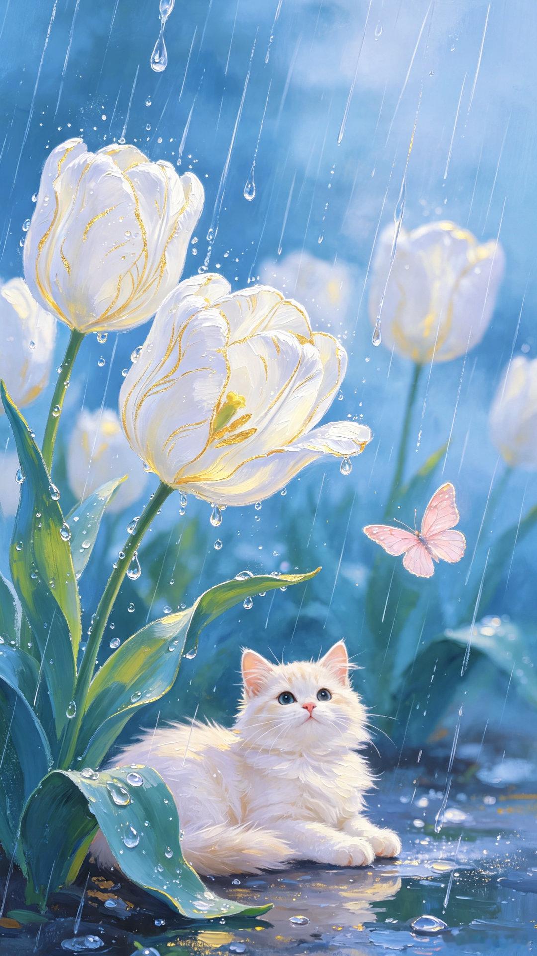 花丛猫咪唯美意境锁屏壁纸 