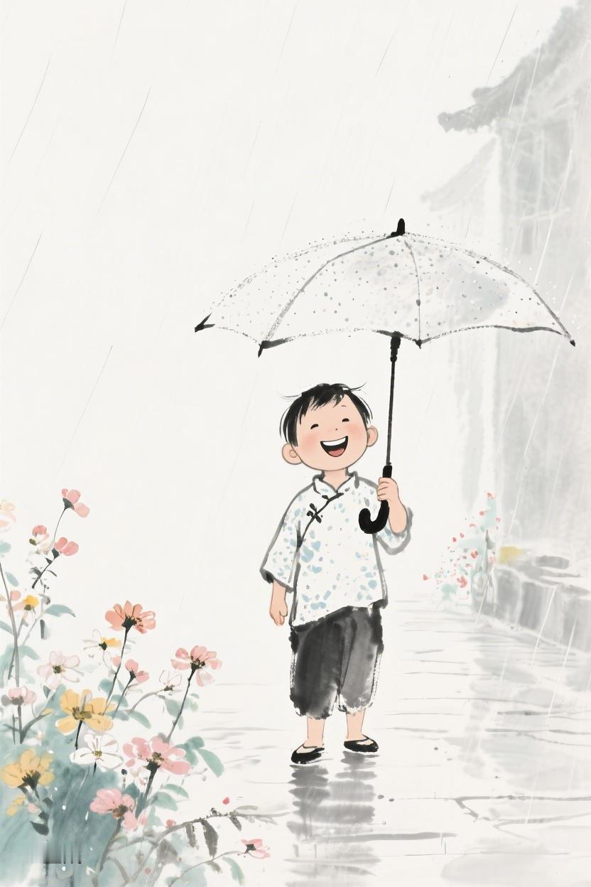 AI随心绘细雨轻扬，少年执伞，身旁繁花盛放，在雨中寻觅属于自己的诗意与温暖🌧️