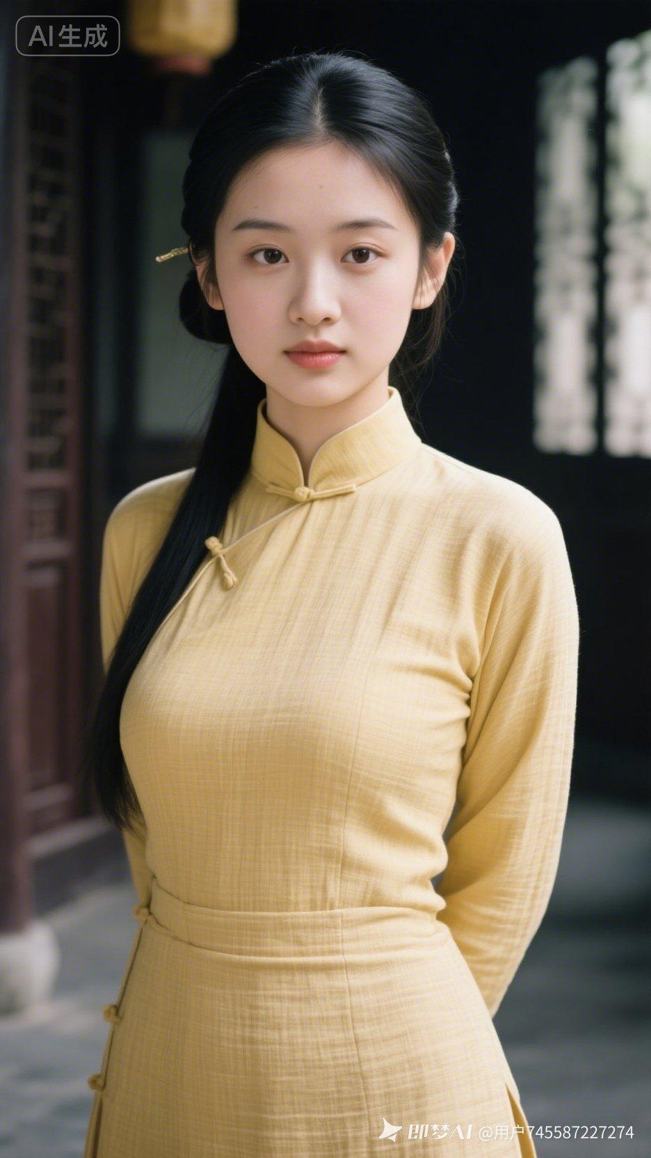 古典优雅，气质出众，一袭黄色旗袍，尽显东方韵味。