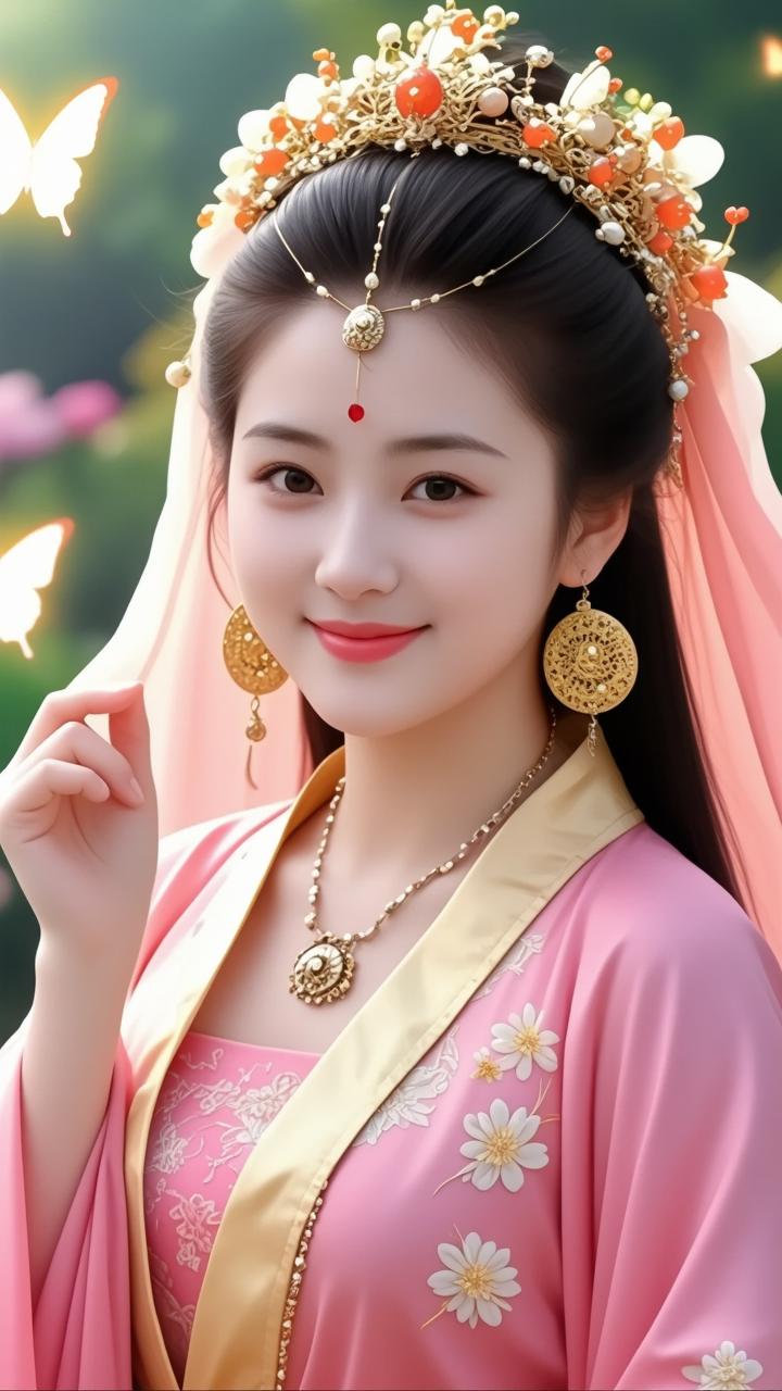 古风美人，花钿妆，粉衣飘逸，宛如仙子下凡。