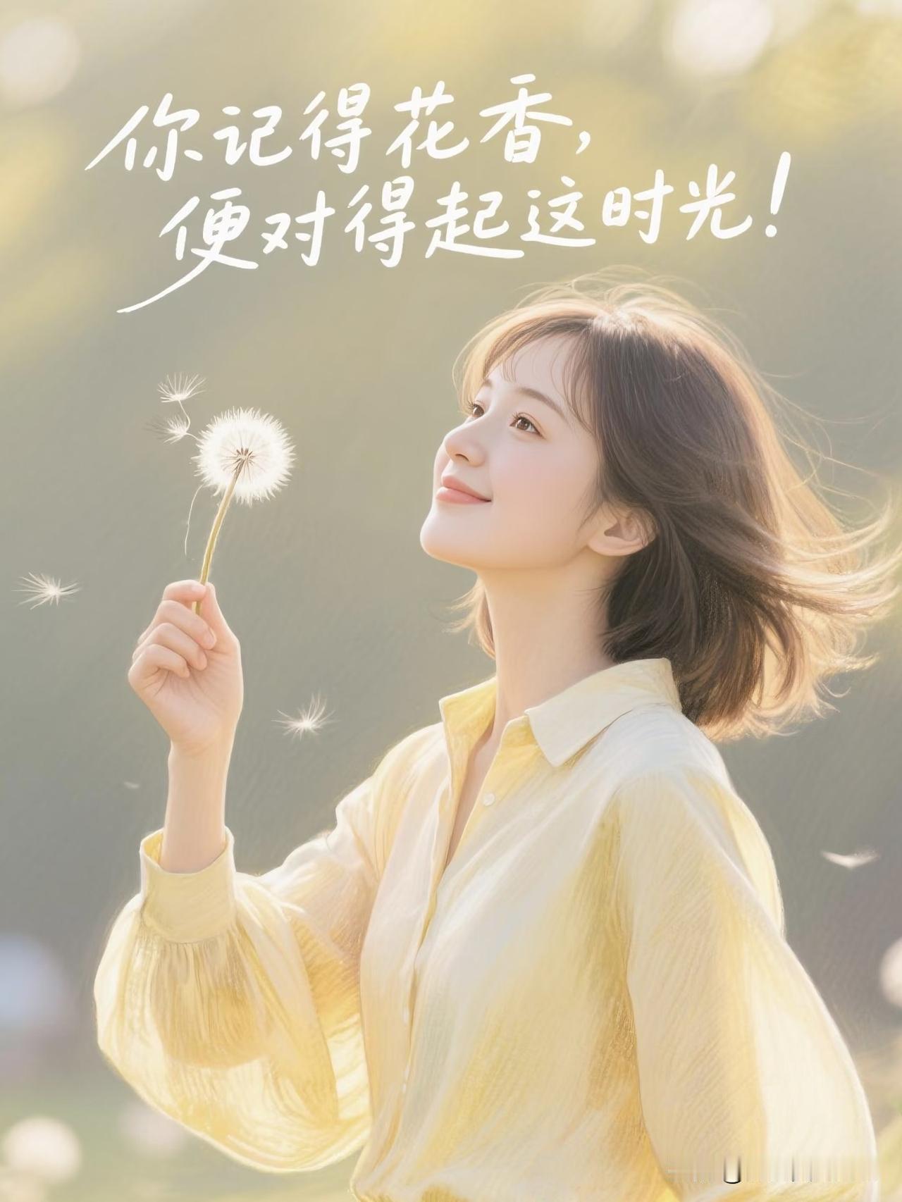 走在一片绿地，被一株蒲公英吸引，俯身注视着，一阵风起，蒲公英飞絮轻盈地飘起，它是