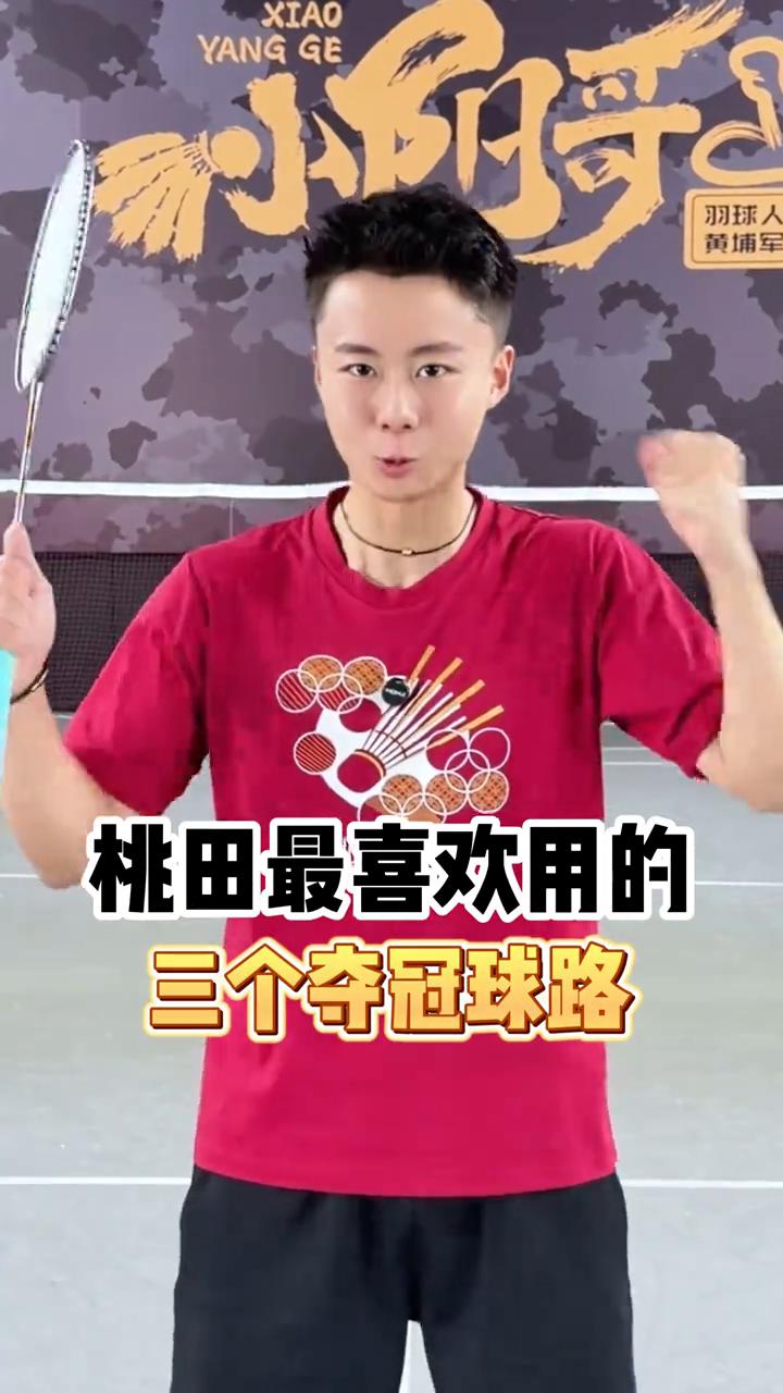 模仿球星桃田夺冠的三种球路。
桃田最喜欢用的三个夺冠球路。
·发内角，对方抢网。