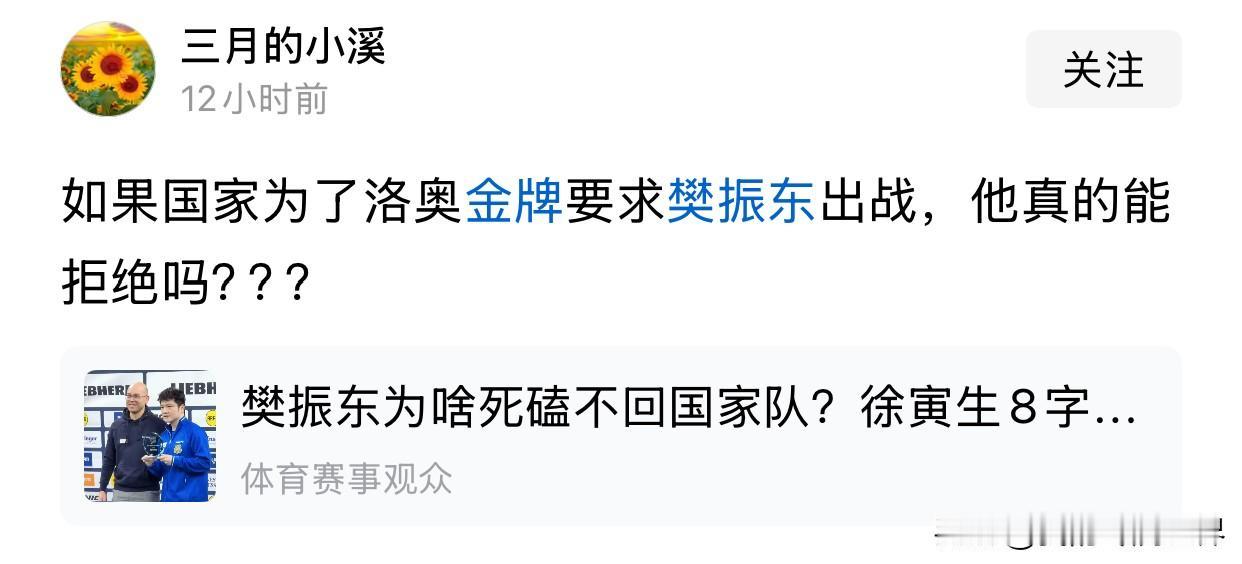 如果国家队要求樊振东出战洛杉矶奥运会，樊振东不会拒绝的！樊振东去德甲打球就是为了