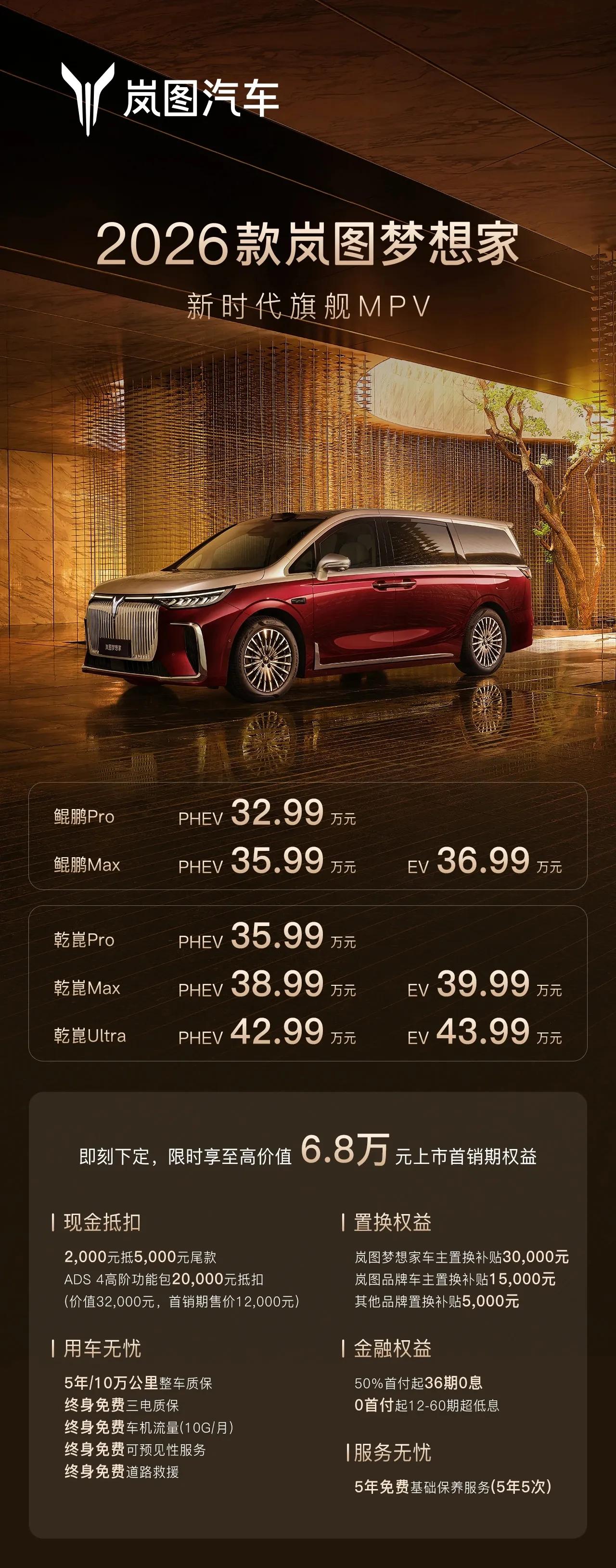 岚图梦想家2026款今日上市，继续保持鲲鹏版和乾崑版双版本同步销售，同时均有超级