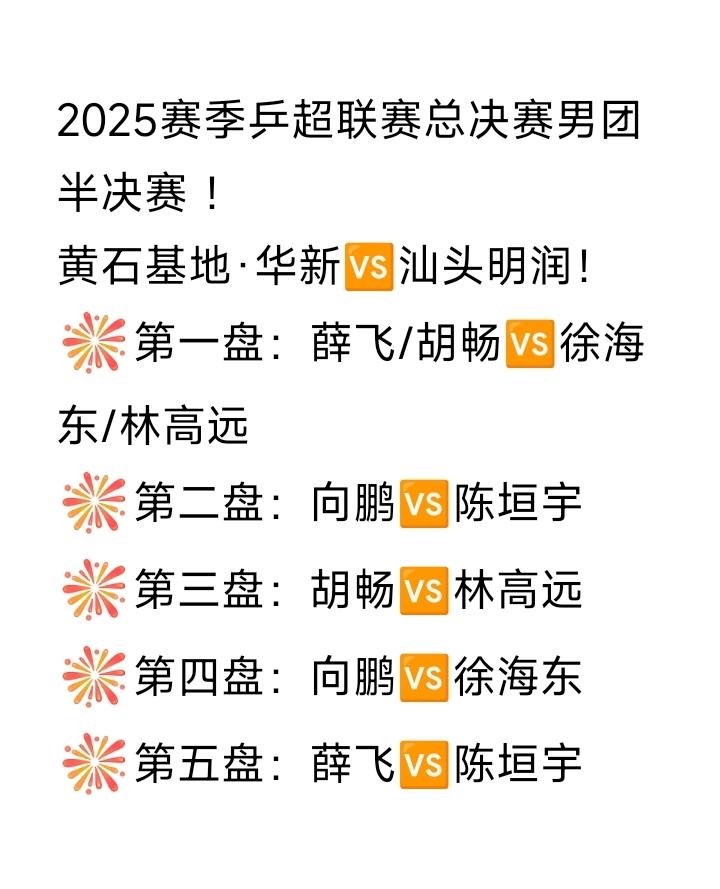 林诗栋不上场！
男团半决赛阵容发布！
2025年乒超联赛总决赛男团半决赛 ，黄石