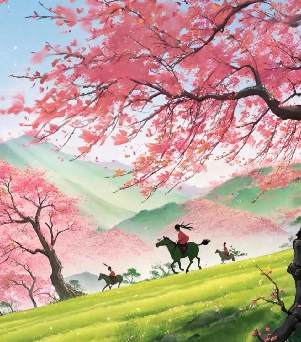 春日游，杏花吹满头。
——韦庄《思帝乡·春日游》
【释义】春日踏青郊游，风吹杏花