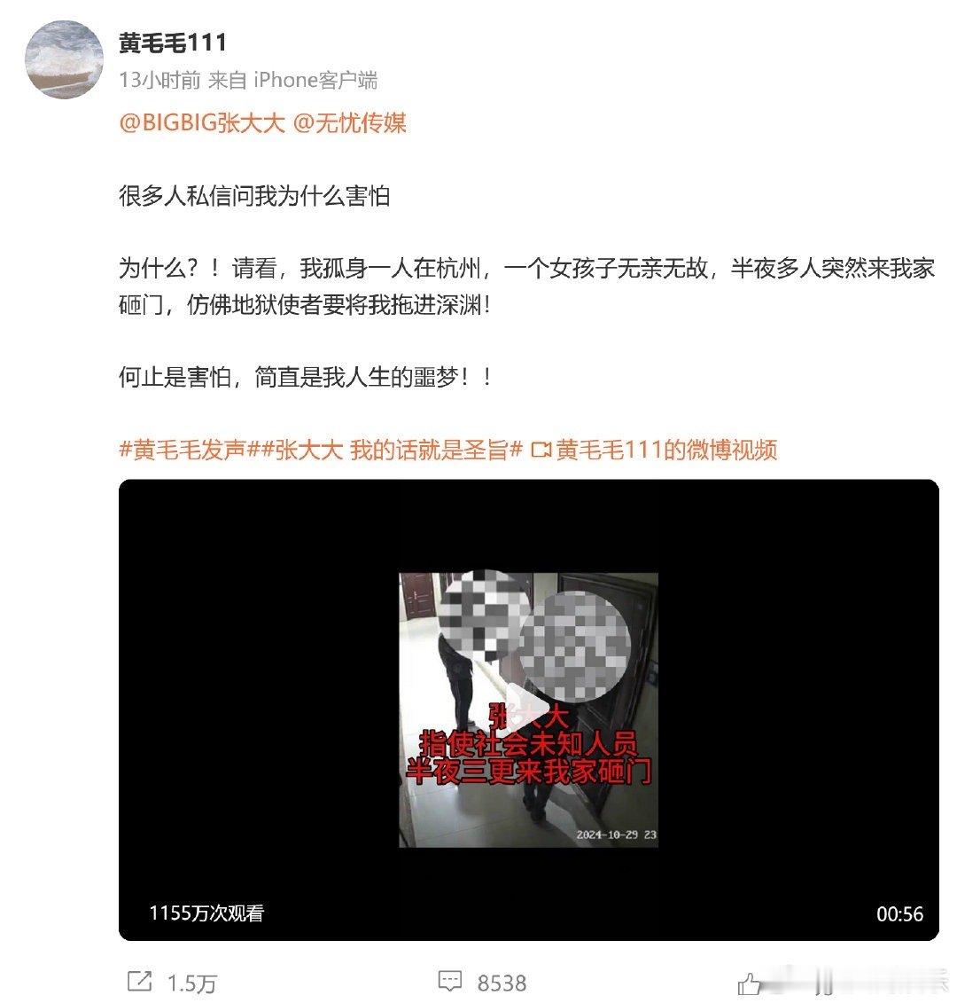 张某某将可能涉嫌多项罪名 什么叫不至于和法律挂钩啊 已经威胁到黄毛毛的人身安全了