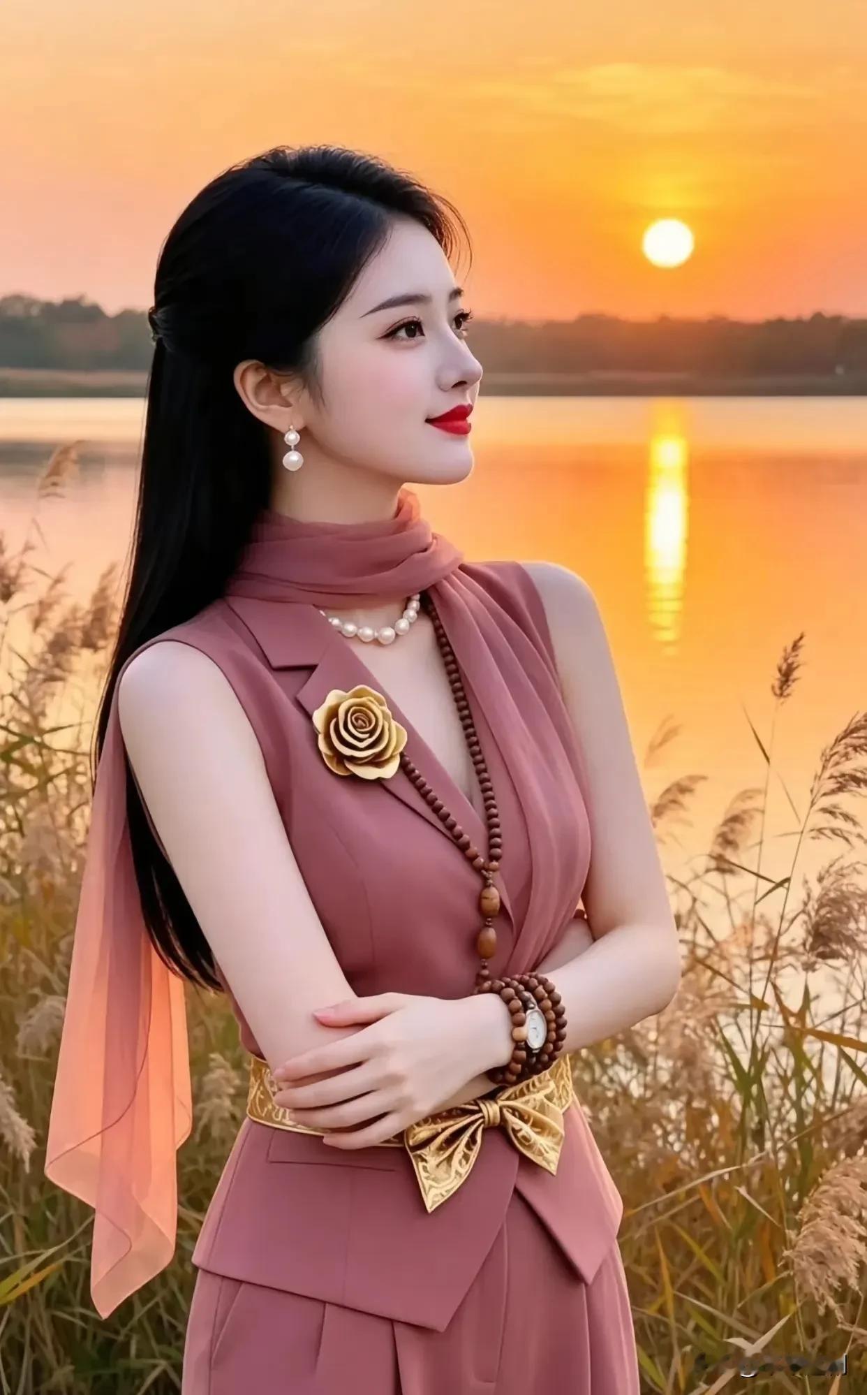 落日熔金，湖光向晚，在黄昏里，与自己温柔相遇。
靓丽美照 湖边落日美人
