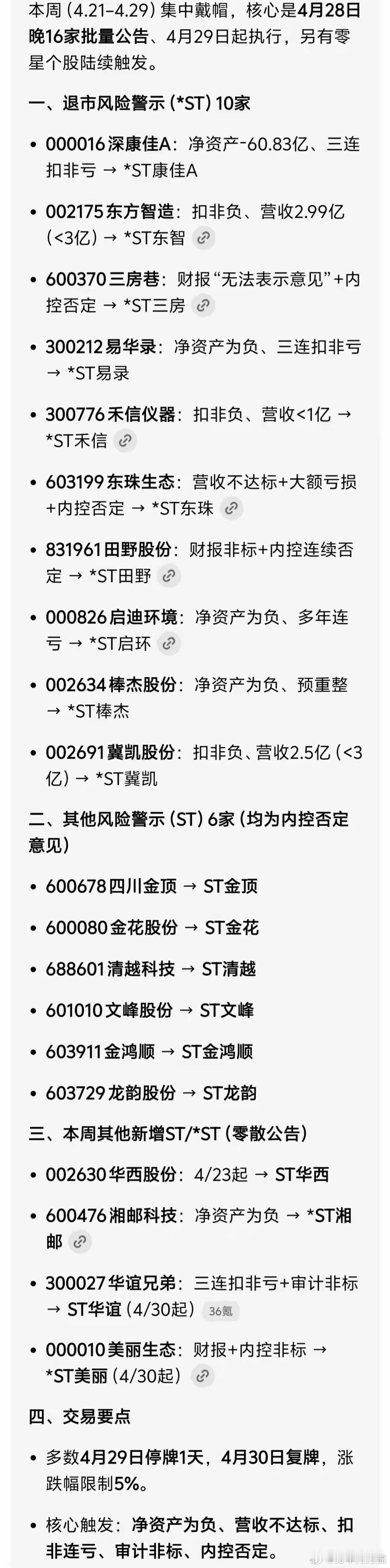 一夜之间 这么多公司变身ST～～