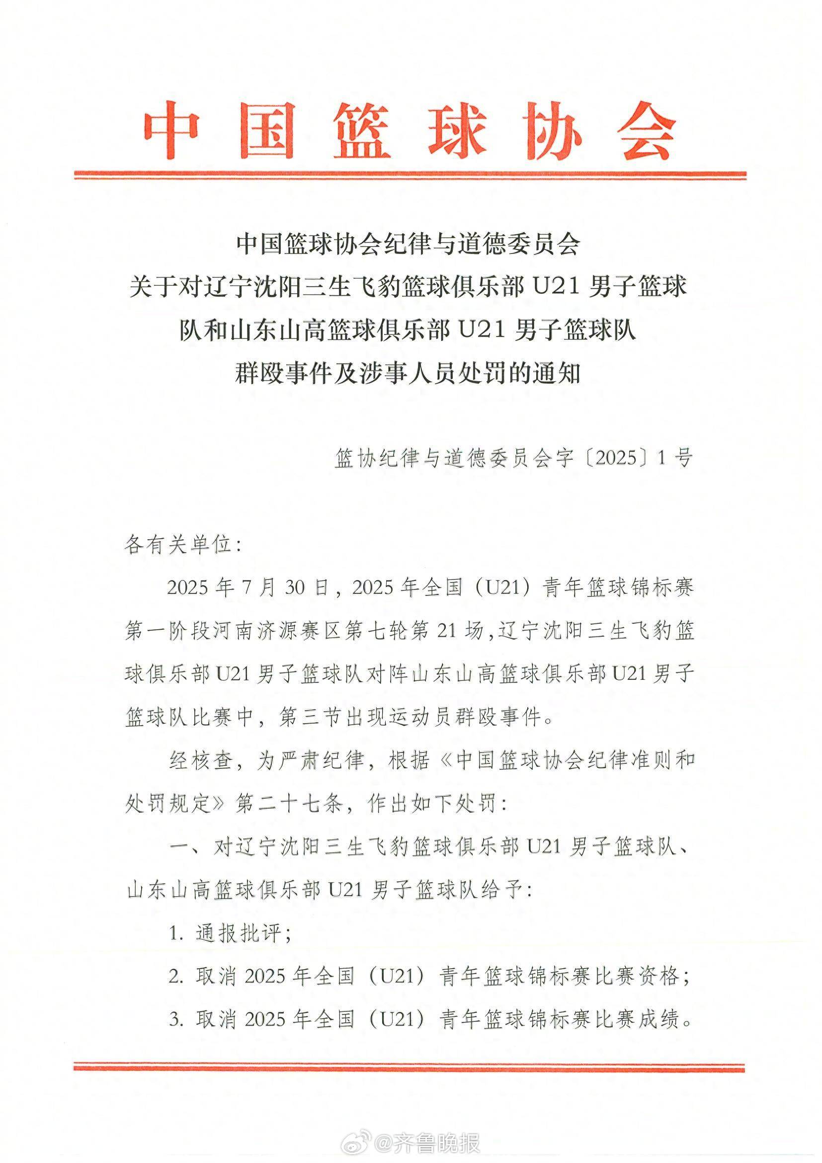 #山东男篮对U21比赛涉事人员追加处罚#【[话筒]#山东男篮回应U21比赛冲突#