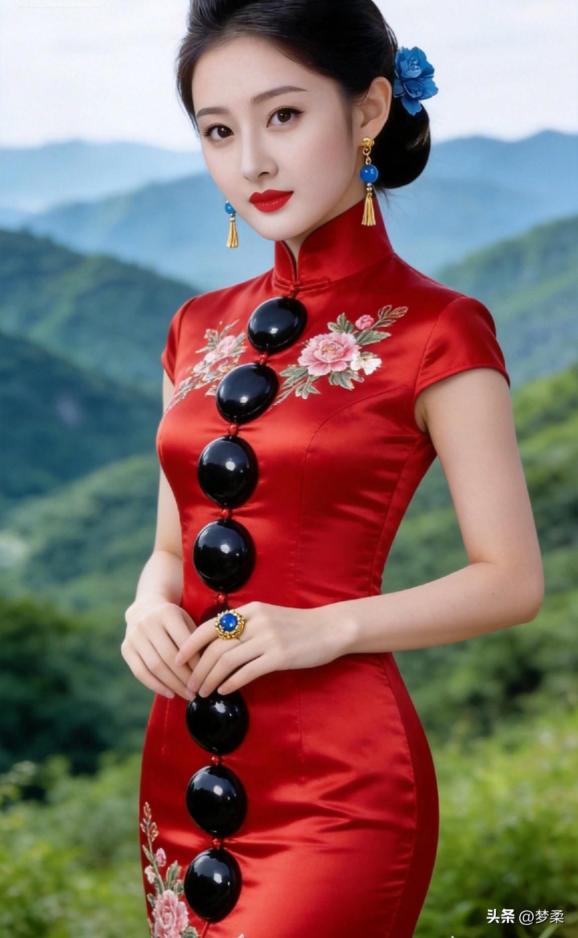 惊艳的红色旗袍，搭配精致的珠宝，尽显东方古典美！