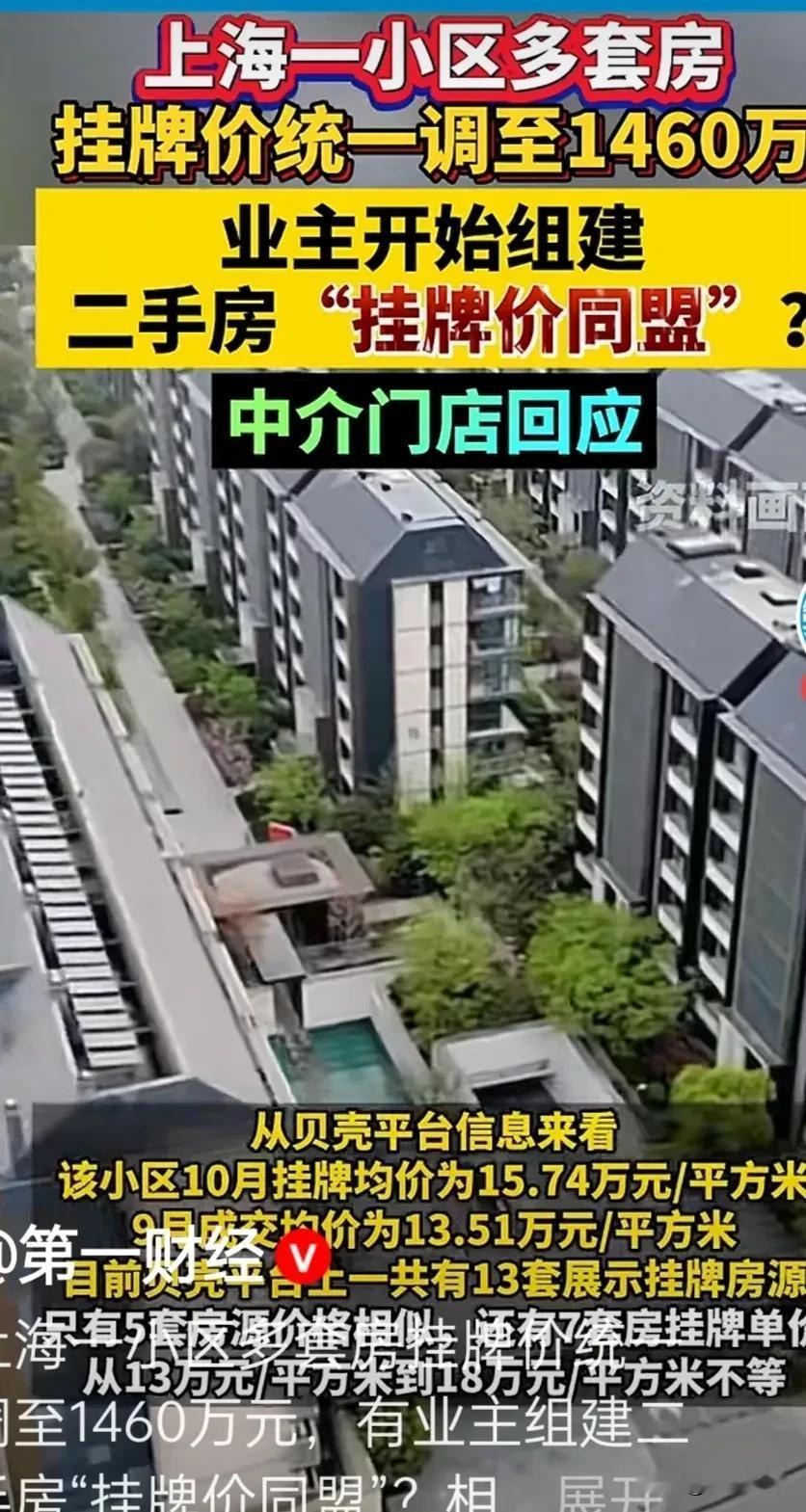 爆出上海一小区多套房挂牌价统一调至1460万。
这就奇怪了，挂牌价都一模一样，难
