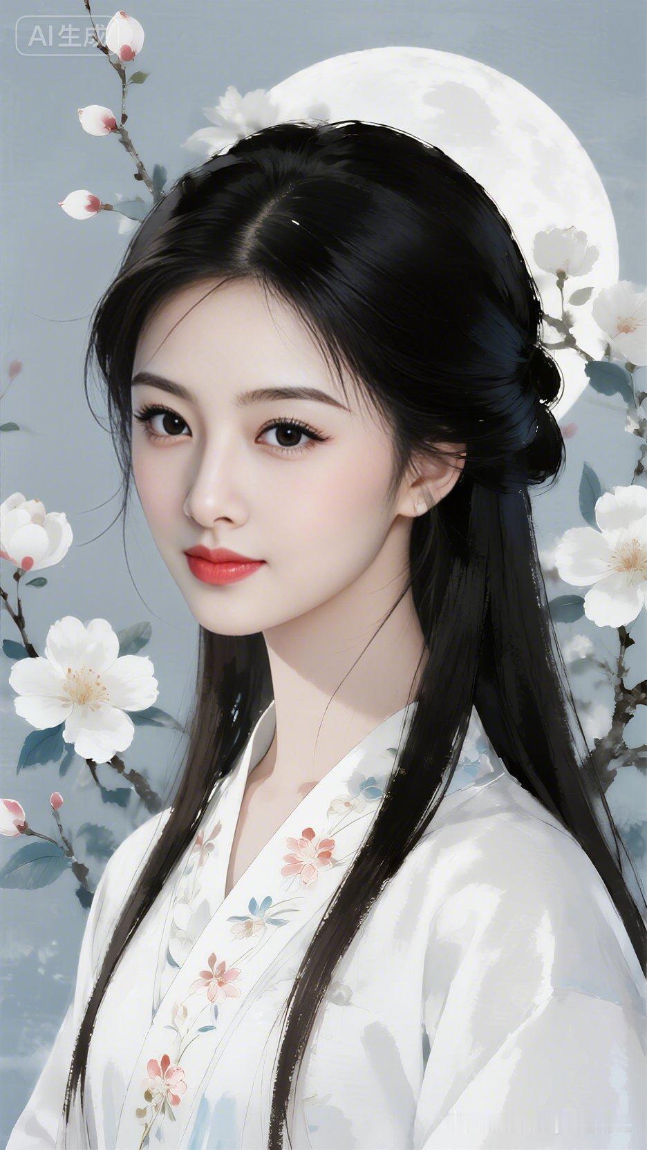 温婉女子着白色交领汉服，乌发垂顺，绣精致花卉。白卉流水、古风木屋相映，晶粉、钛白