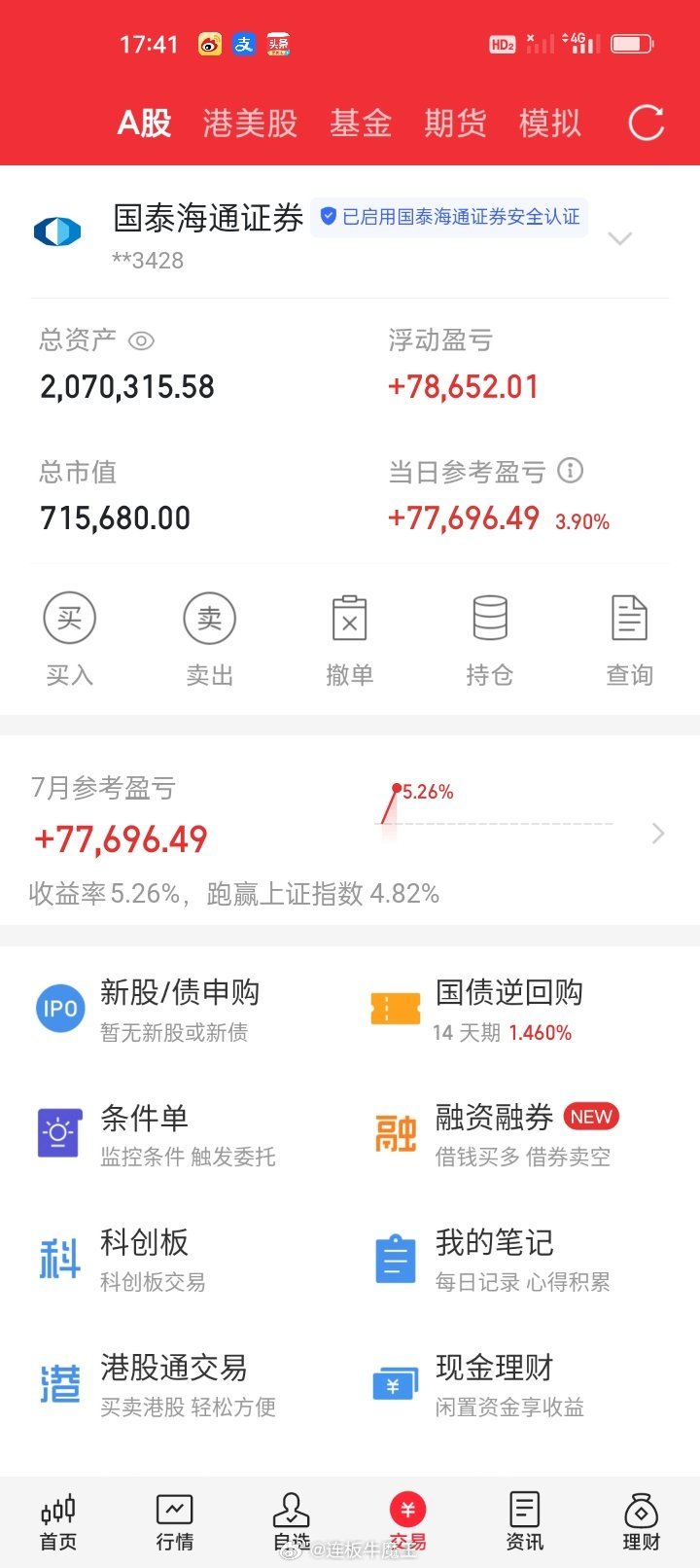 7月开局开门红！就算京仪装备卖飞有点小遗憾，整体账户开局赚钱就是好兆头，开门红稳